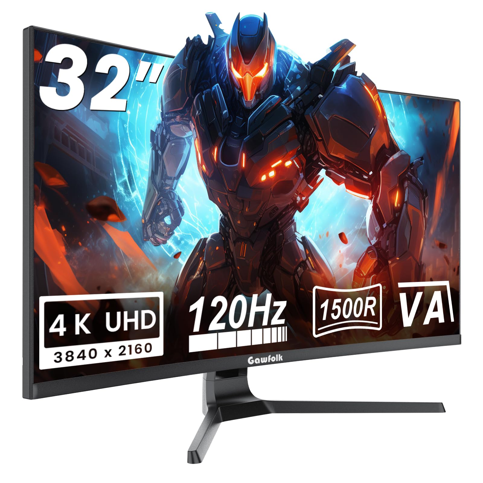 Monitor Gaming Curvo 32 Pulgadas 120Hz, Pantalla PC 4K 3840x2160 1500R, Panel VA, Anti‑Luz Azul, Inclinación Ajustable, Altavoces Integrados, Puertos HDMI DisplayPort, Compatible VESA 100 x 100 mm