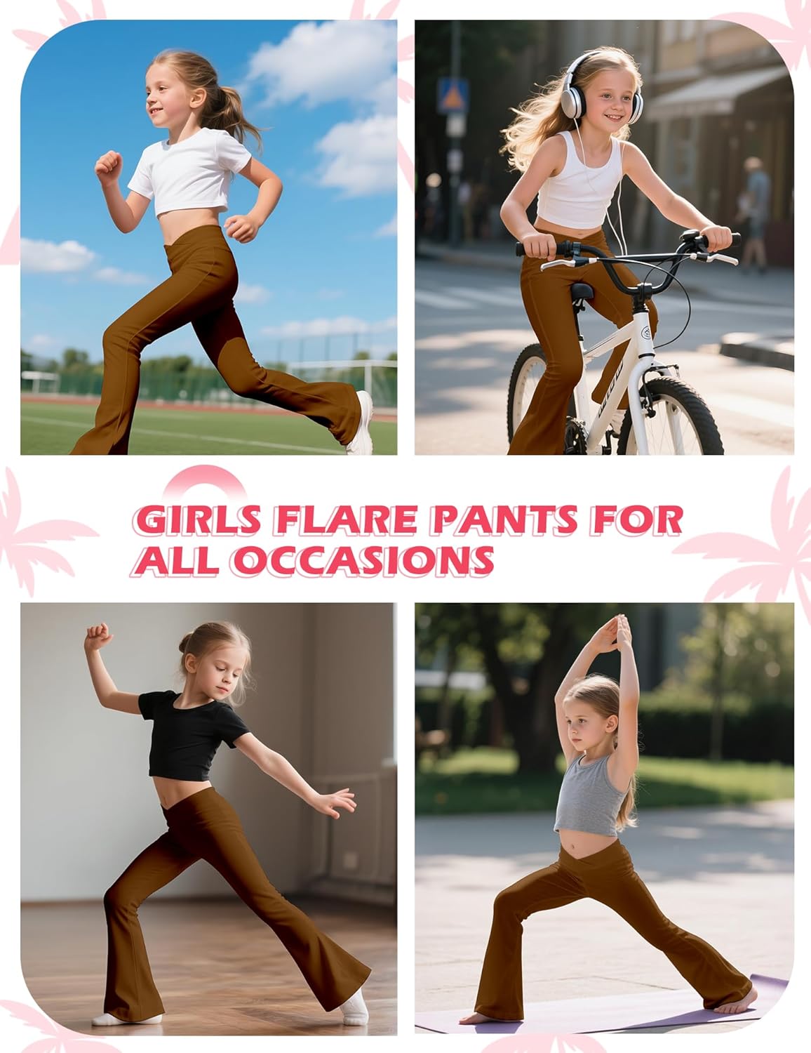 Toddler Girls Pants Flare Yoga Leggings Cross Over High Waisted Bell Bottom Pants for Toddler Kids Stretchy Casual Bootcut Leggings for Dance Activewear Full Length Brown 5Y-6Y - Image 6