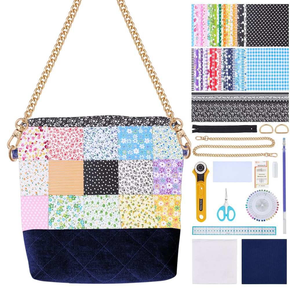 WEBEEDY Kit de Sac Fourre Tout à Patchwork DIY avec Tutoriel Vidéo pour Débutants Ensemble de Démarrage pour Sacs Matelassés avec Tissus Carrés de 21 couleurs Chaîne de Sac et Fermoir Faire des Sacs