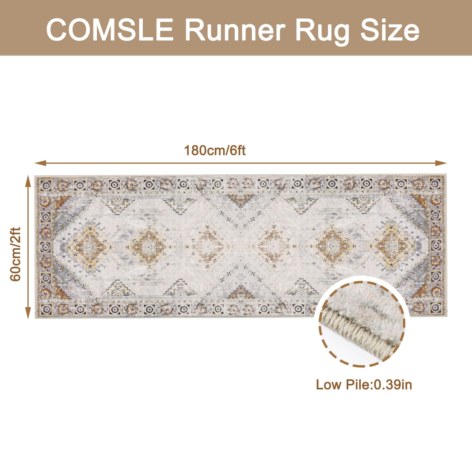 COMSLE Boho Runner Rug, 2x6 Washable Rugs for Hallway Faux Wool Small Throw Rug Distressed Kitchen Area Rug Non-Slip Laundry Room Rug Carpet Runner for Entryway Indoor Bedroom (Khaki)