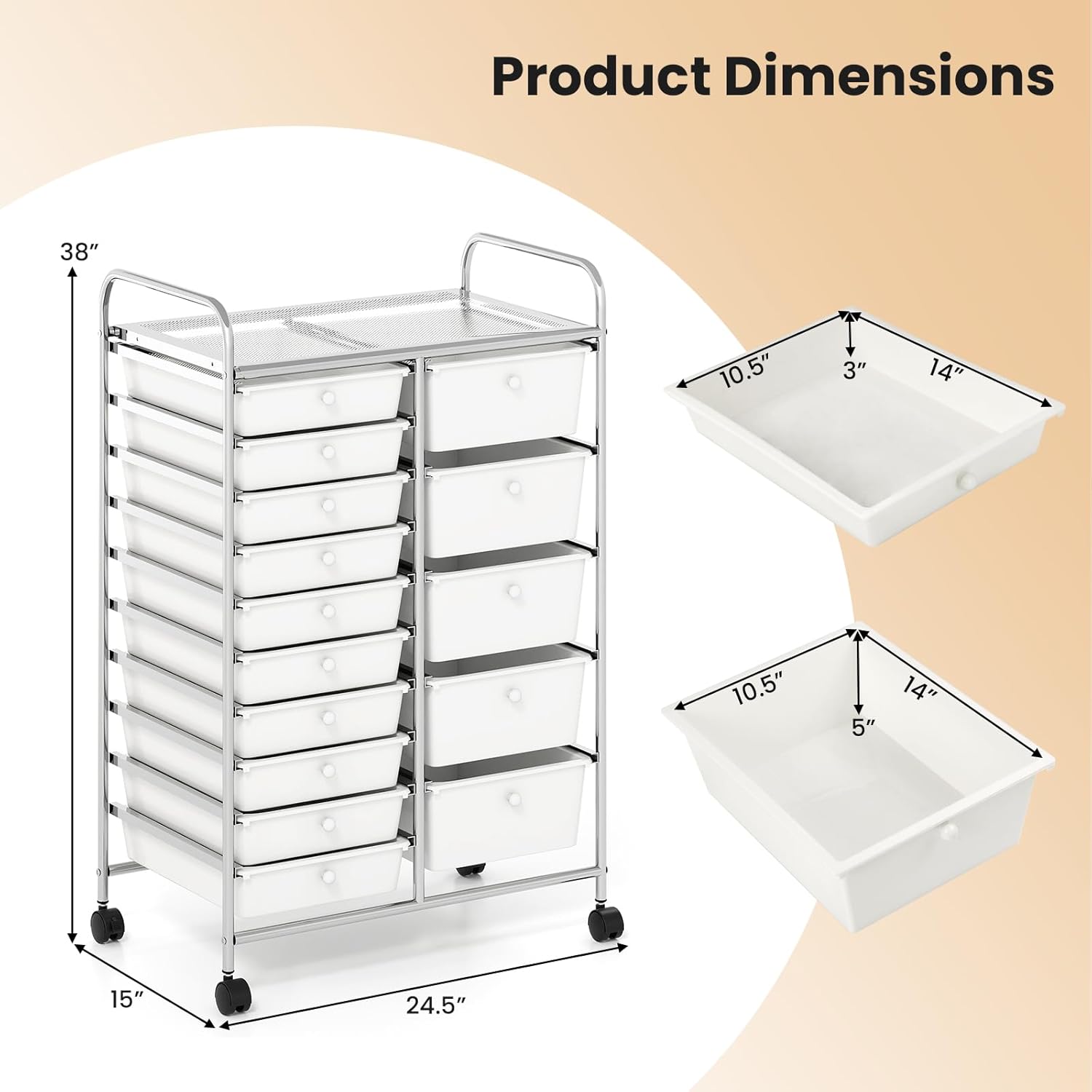 GOFLAME 15-Drawer Rolling Storage Cart, Multifunctional Art Craft Organizer Cart with Removable Drawers, Lockable Wheels and Metal Frame, Classroom Storage Cart for Home Office School, White