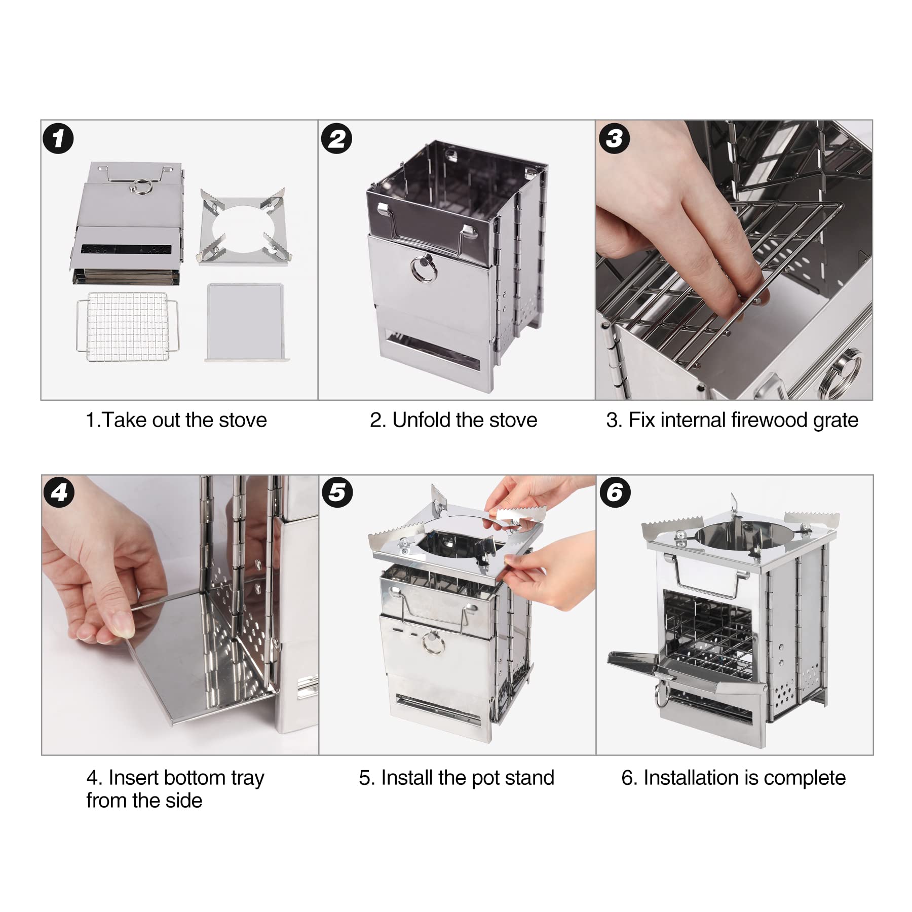 REDCAMP Réchaud de camping à bois avec support de casserole, réchaud pliable en acier inoxydable pour randonnée, pique-nique, barbecue, cuisine en plein air