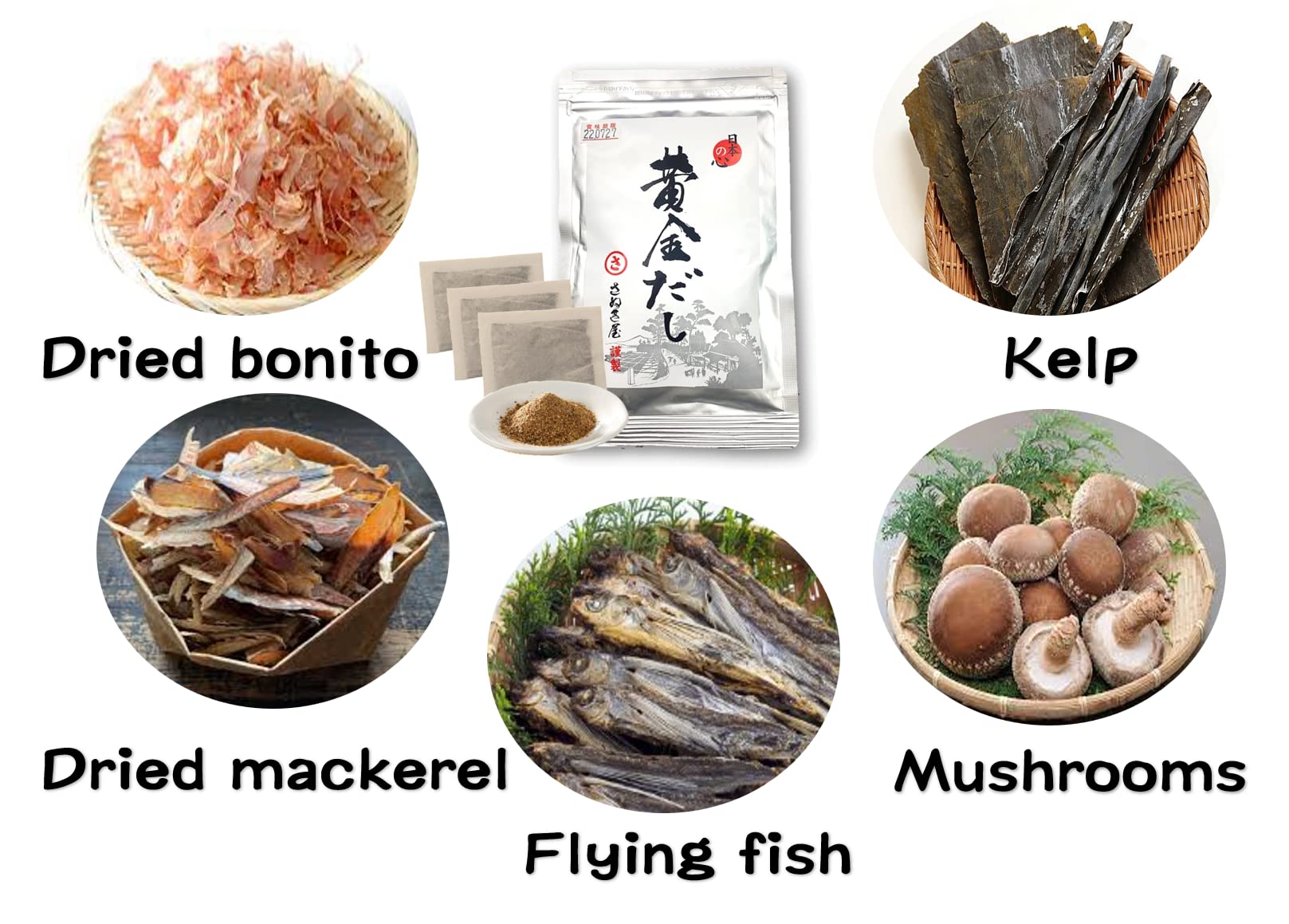 UMAMI DASHI Golden soup stock 0.3 oz (18 pcs)…. The raw materials are AGO (flying fish), KATSUO(dried bonito), SABA(dried mackerel), KONBU(kelp), and SHIITAKE mushrooms. All made in JAPAN.… (18 pcs)