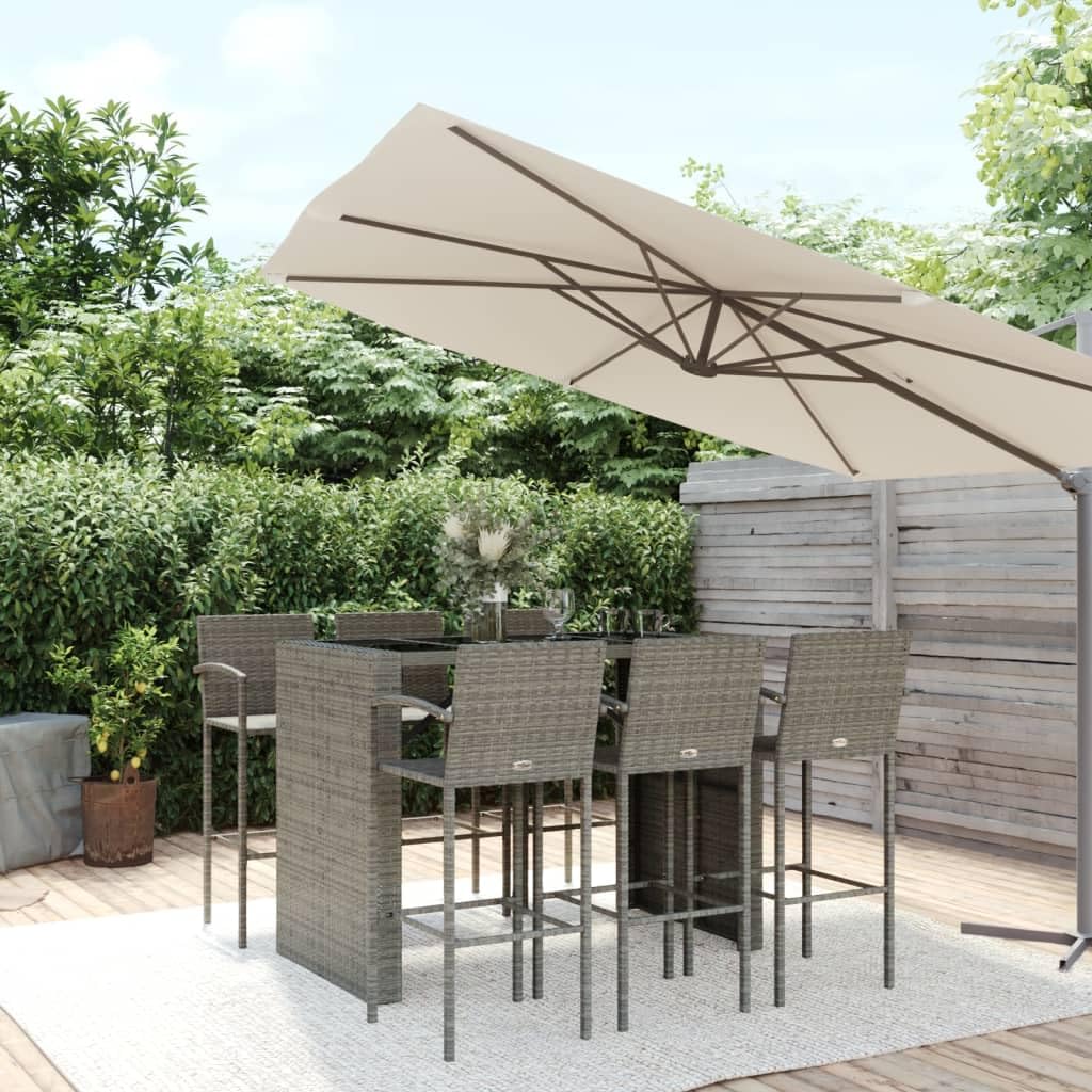 Juego de 7 barras de jardín de poliratán gris con 1 mesa de bar y 6 taburetes, mesa de comedor con tapa de cristal y marco de acero para jardín, terraza, balcón y exterior