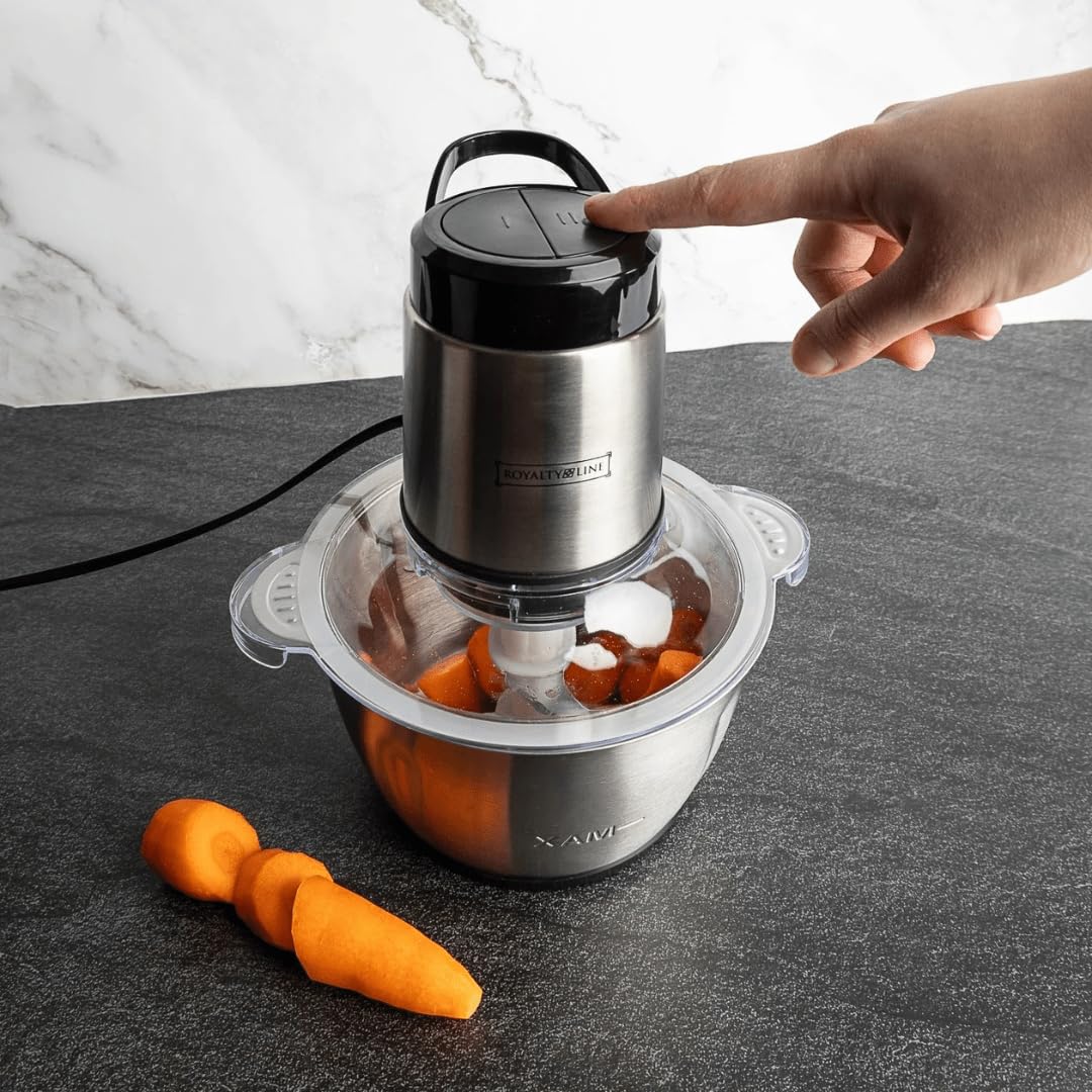 ROYALTY LINE, Tritatutto Multifunzione 300W RLMCE3003418, Ciotola in Acciaio Inox da 1,8 L, 2 Velocità, 4 Lame Affilate, Ideale per Carne, Verdura e Frutta, Facile da Pulire, Design ergonomico