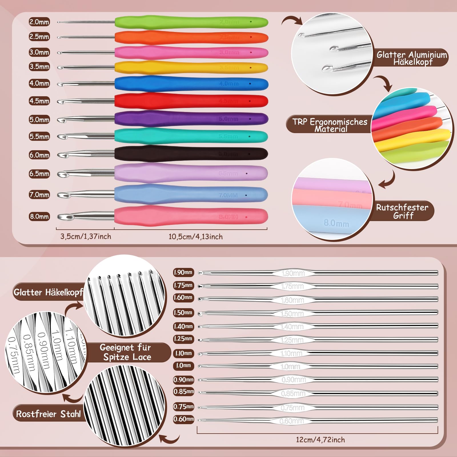 Aeeque Kit Uncinetto 59 Pezzi: Ganci Ergonomici 2-6 Mm E Mini Pizzo 0,6-1,9 Mm Con 5 Gomitoli Lana