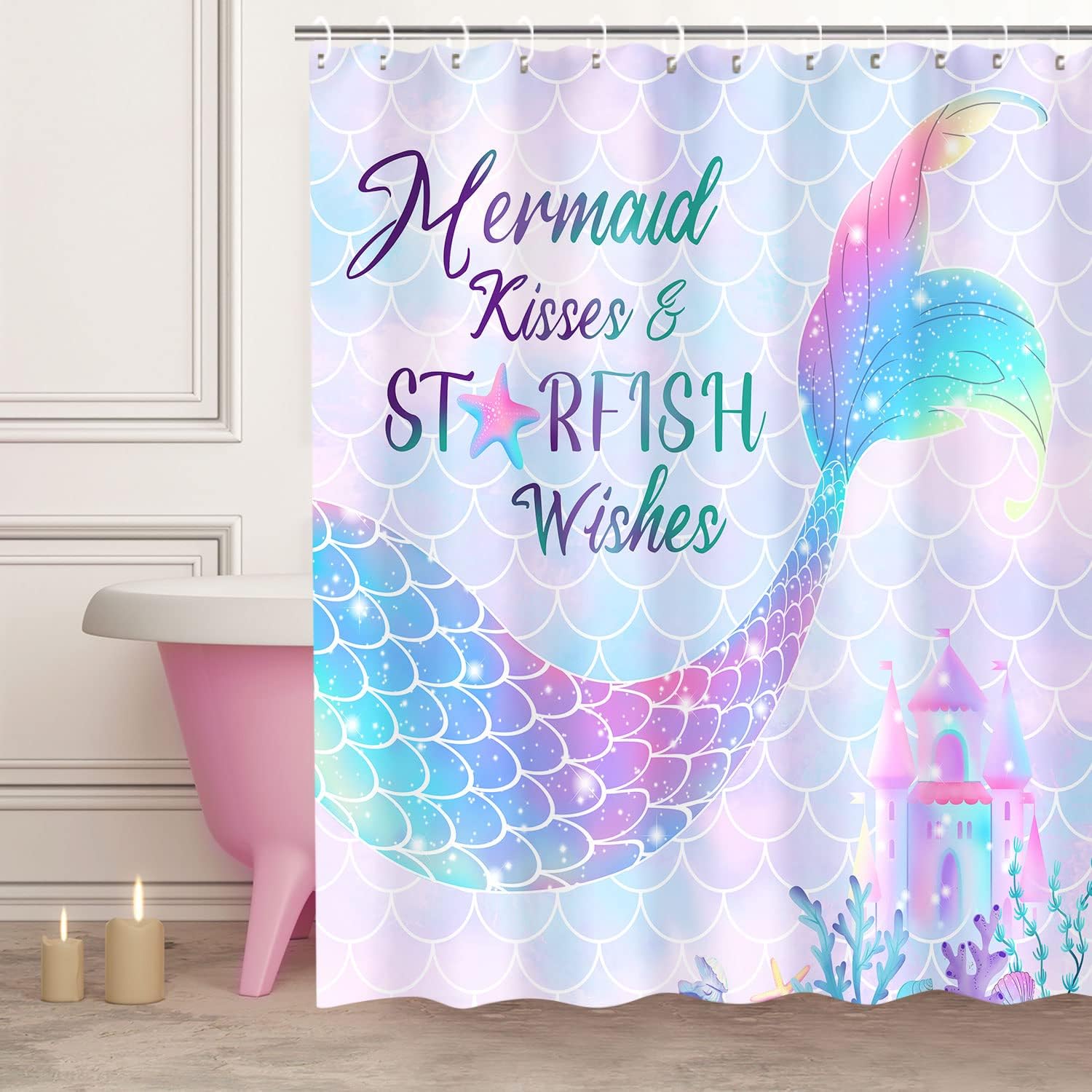 RosieLily Mermaid Shower Curtain, Kids Fish Scale Ocean Theme Bathroom Curtain, 3D Purple and Fluorescent Blue Mermaid Tail Shower Curtain 12 Hooks (72x72)