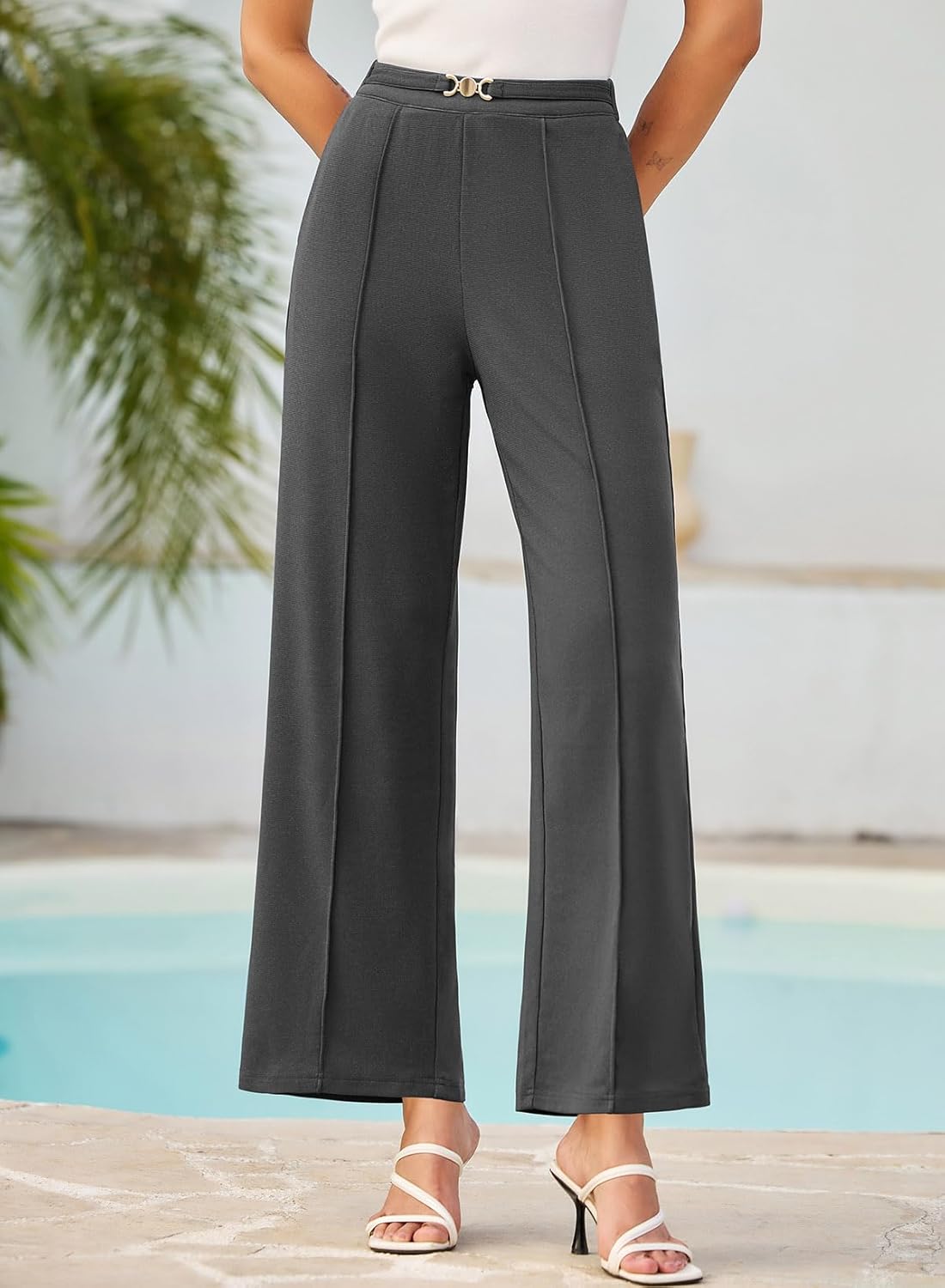 EVAELSS Wide Leg Pants Women Straight Elastic High Waisted Work Slacks Business Casual Pleated Dress Pants Trousers - Image 2