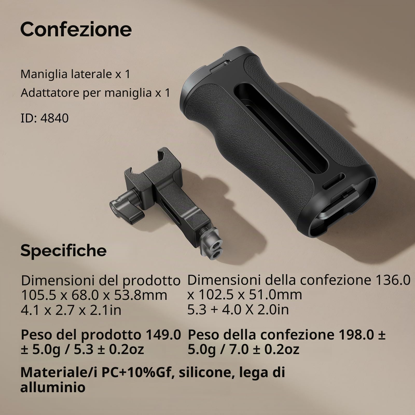 SMALLRIG Maniglia Laterale NATO Piccola per Gabbie per Fotocamera, 43 mm Regolabile su e Giù, Foro Filettato 1/4"-20 Integrato, Foro per Cinghia, Slitta Fredda - 4840