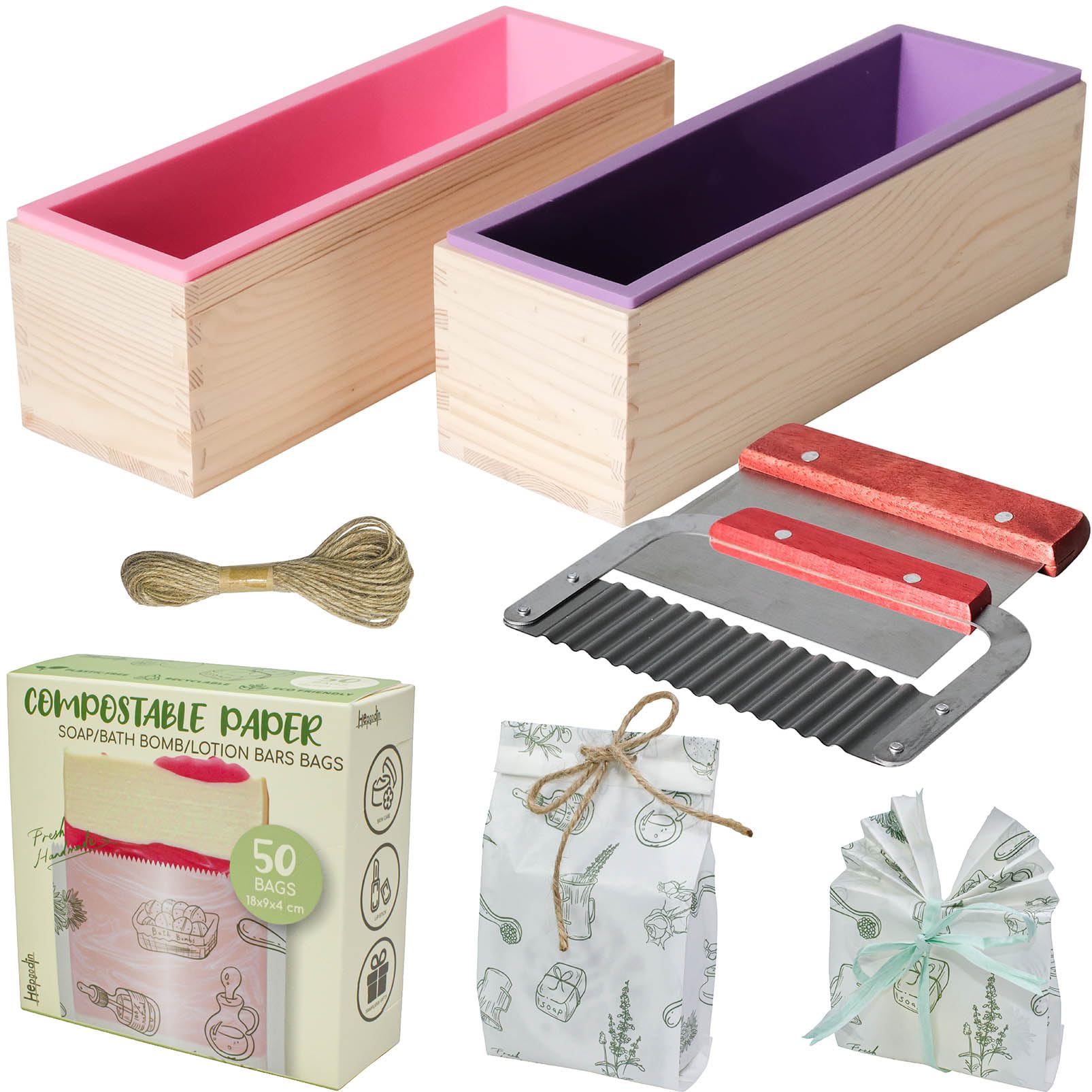 Rectangular Soap Silicone Mold for Soap Making 2 pcs 46 oz, Rectangular Loaf Soap Mold with Wooden Boxes, 2 Cutters and 50pcs Paper Bags for Soap Packaging Gift Bags
