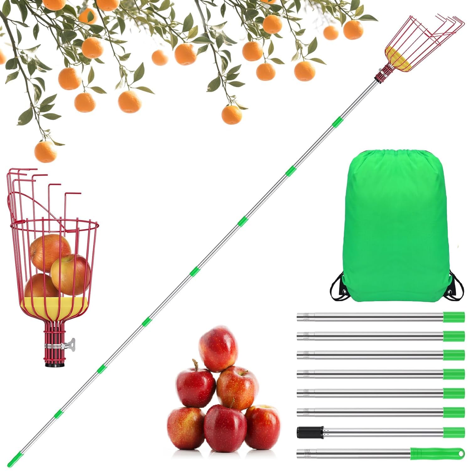 Recogedor de frutas de 3,2 m, recogedor de frutas, recogedor de frutas con mango, fácil de montar, extensión de empalme ajustable