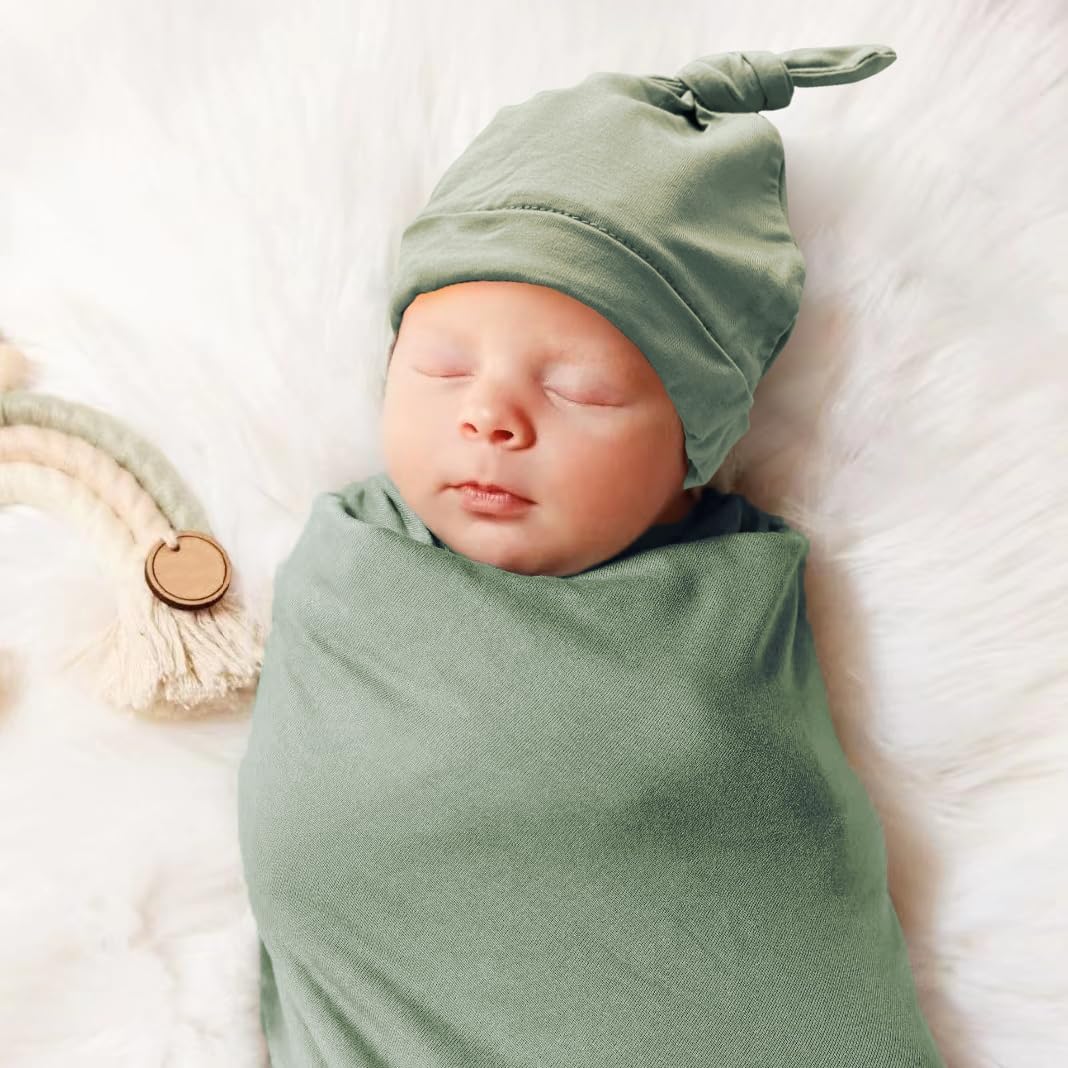 Newborn Swaddle Blanket with Hat Set Baby Swaddle Set Hospital Receiving Blankets for Girls Boys(Olive,35"*35") - Image 4
