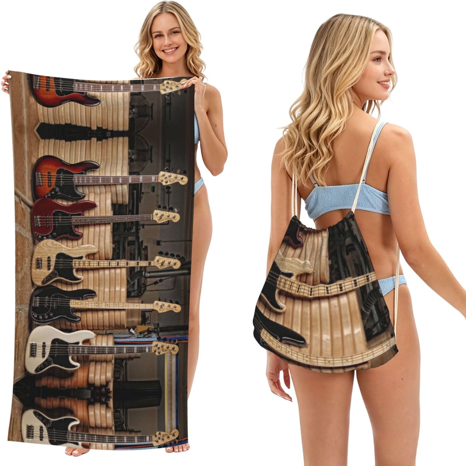 WSHFFILO Guitar Bass Music Musical Instruments printed 2 in 1 Packable Towel Bag Bath Towel Beach Towel
