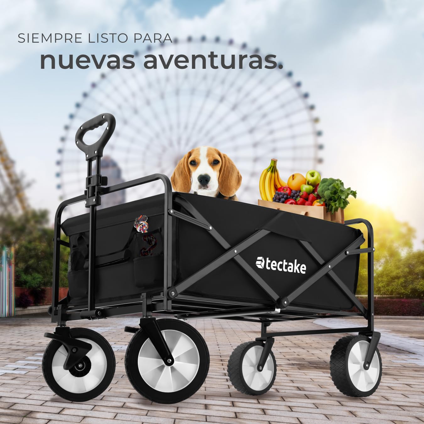 tectake® Carro Plegable para Jardín, Carro Transporte en Acero, Carrito Playa con Asa Telescópica, Carretilla Jardín con Lona Extraíble, Carro Camping Multiuso con Bolsa Transporte, Carga 80 kg, Negro