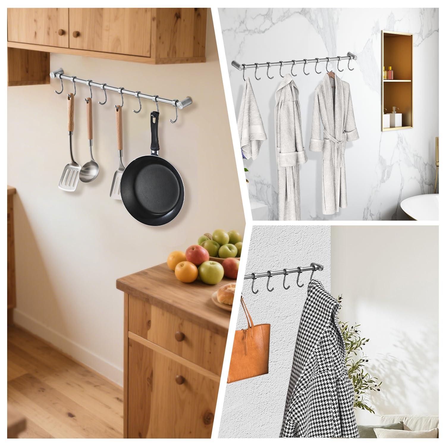 Rack suspendu à vaisselle avec 8 crochets amovibles - Rail de cuisine - En acier inoxydable - Fixation murale - Manteau - Chapeau - Bar - Organiseur pour outils suspendus, couteaux