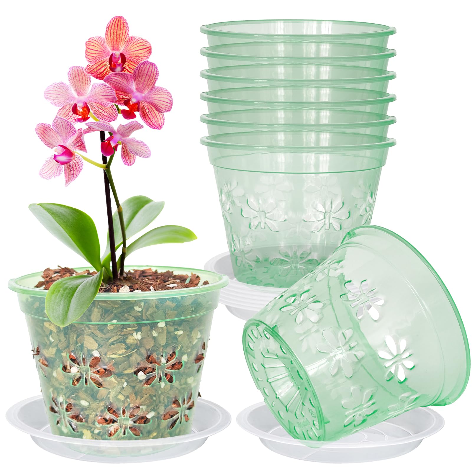 Orchid Pot, 8 Pack Orchid Pots with Holes & Saucers, Clear Plastic Pot for Repotting, Breathable Ventilation Planters for Phalaenopsis, Dendrobium & Oncidium Orchids(4 inch, Green)