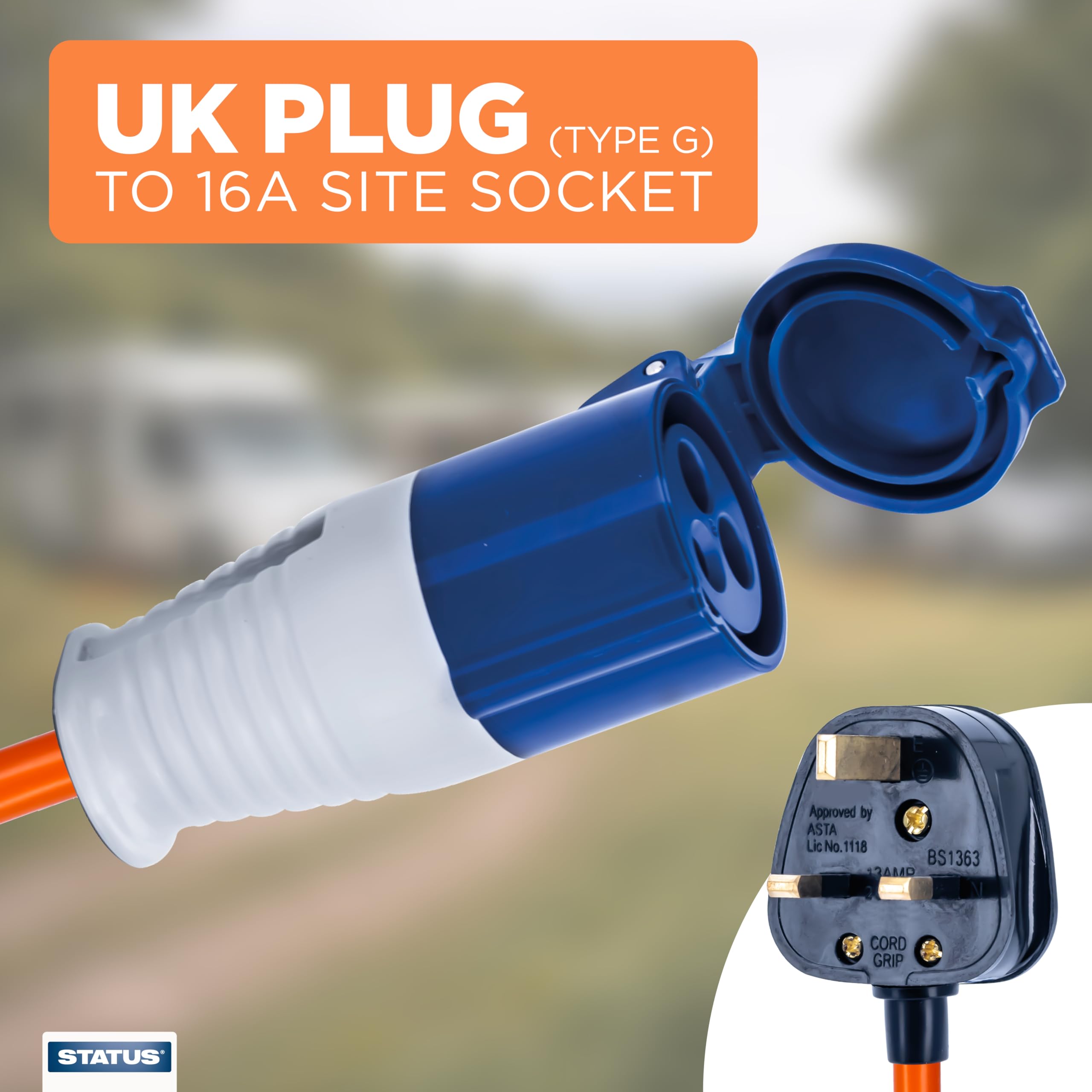 Adattatore Da Spina UK A Presa 16A - Cavo 20 Cm IP44 Antispruzzo - Per Campeggio, Camper, Roulotte - Status