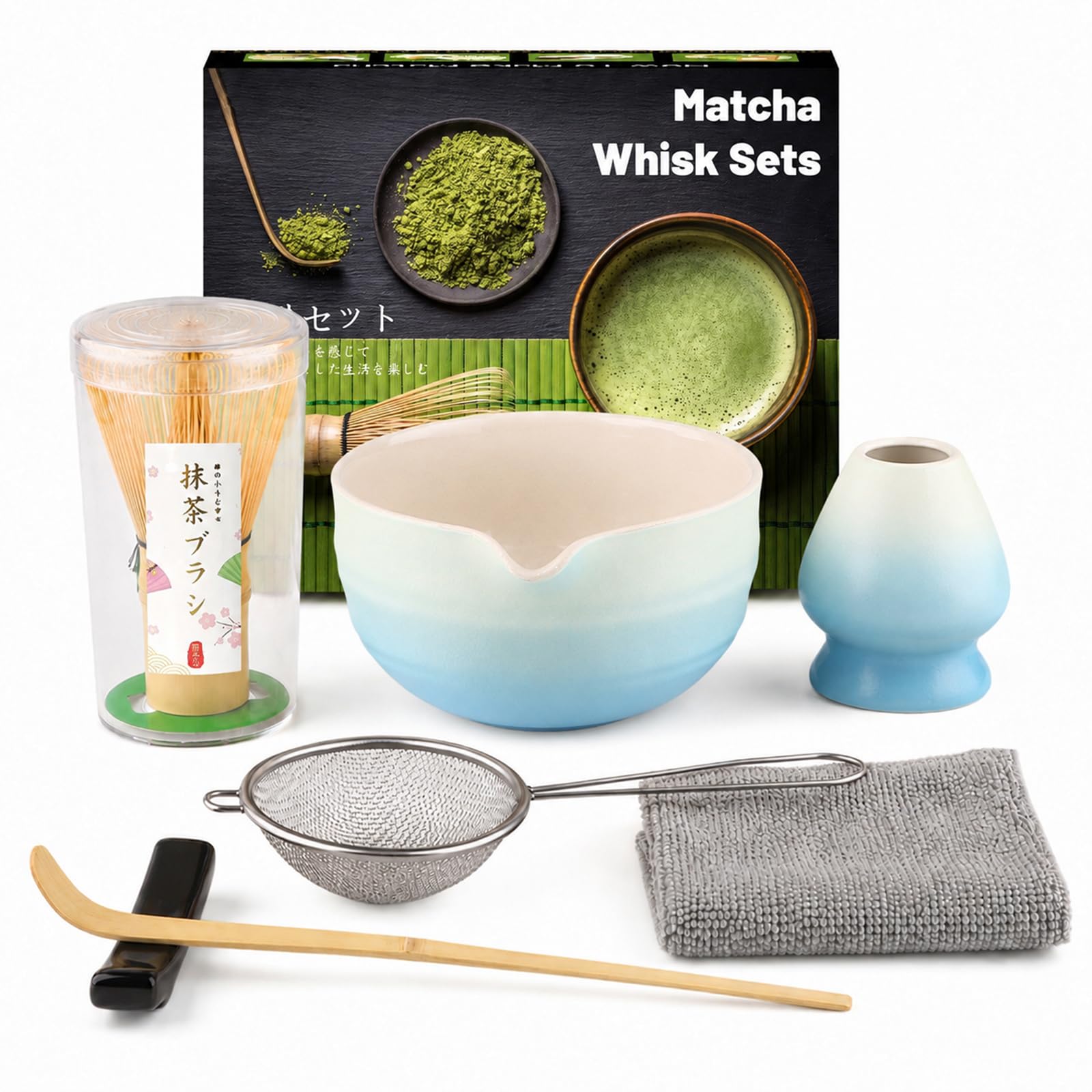 Muexoee 7 Pcs Matcha Set,Matcha Tea for Making Breakfast/Latte,Whisk Set and Bowl with All Accessories,Authentic Tea Ceremony,Gradient Blue Bowl,Bamboo Stirrer — image 1