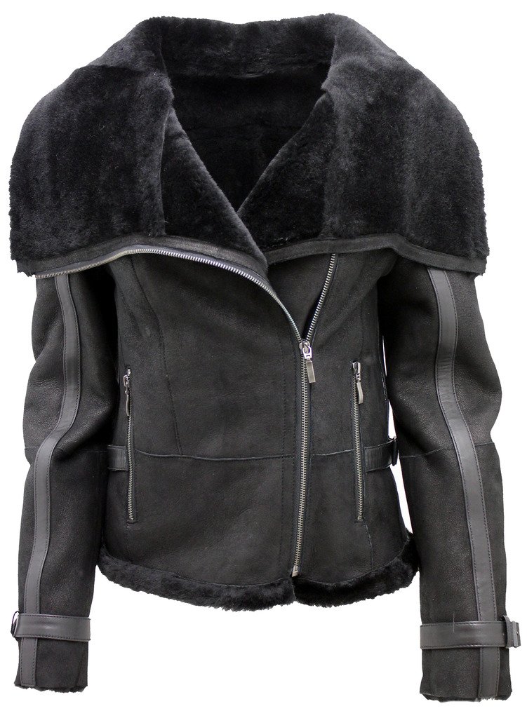 Womens Short Black Merino Sheepskin Aviator Leather Jacket product thumbnail 2
