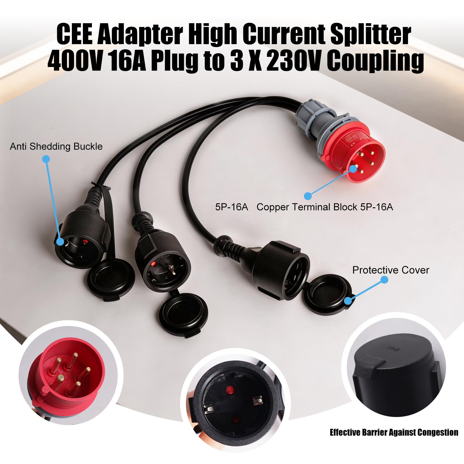 CEE Adaptateur 400V vers 230V x3 Répartiteur Prise Camping Car Adaptateur Triphasé Monophasé avec Couvercle Rabattable Fiche de Contact de Protection