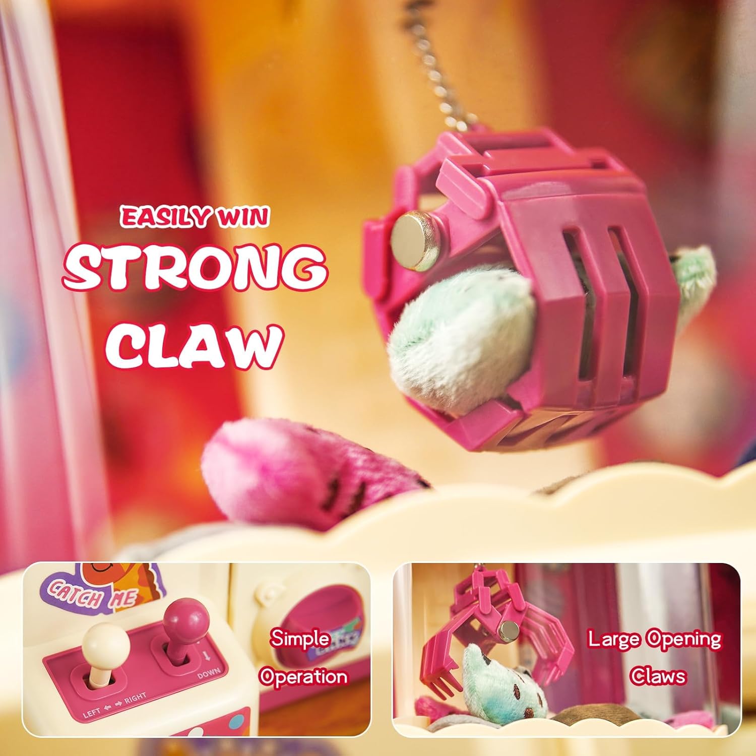 25PCS 2 in 1 Large Claw Machine, with Music & Light, Party Birthday for 3-14 Kids Gift, for Real Money Savings and Grabber Prize Dispenser Toys, Pink