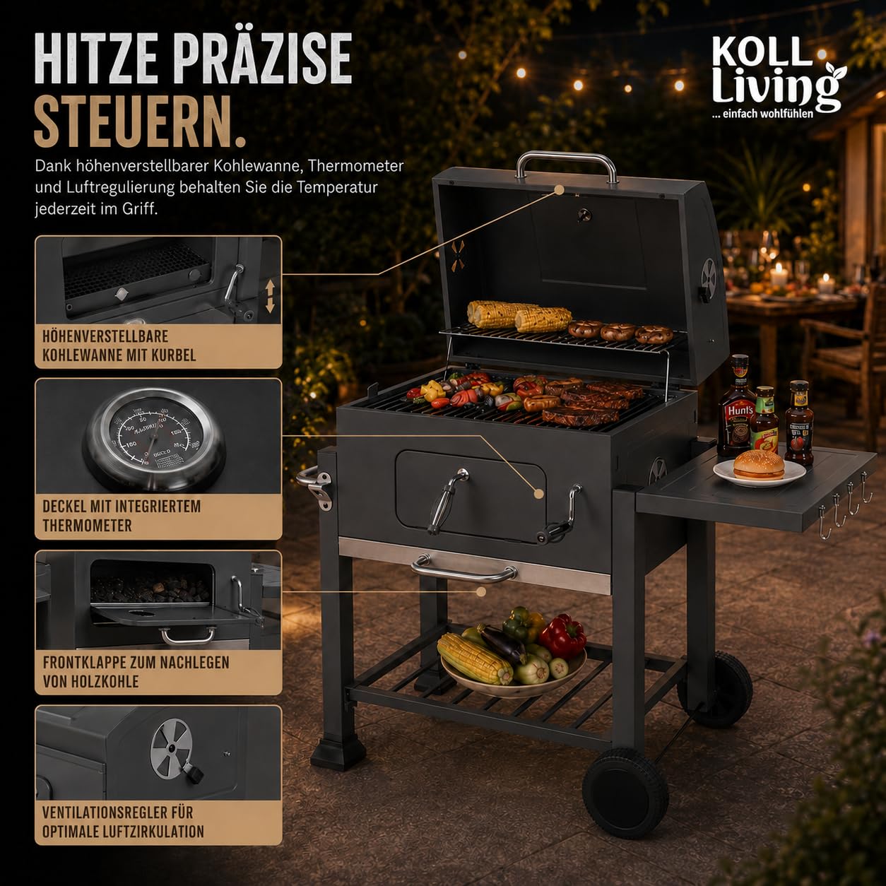Koll Living Holzkohlegrill Lyv | Grillwagen mit Deckel, Thermometer & höhenverstellbarer Kohlewanne für optimale Hitzesteuerung | Seitenablage & Rollen