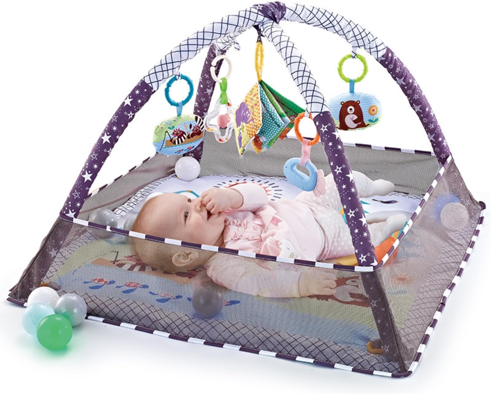 AM ANNA Baby Play Mat & Gym for Infants Baby Boys & Girls, Tummy Time Baby Activity Center & Entertainer with Hanging Toys,Soft Playpen with Balls, Foldable Play Gym Baby Essential Stuff (Grey)
