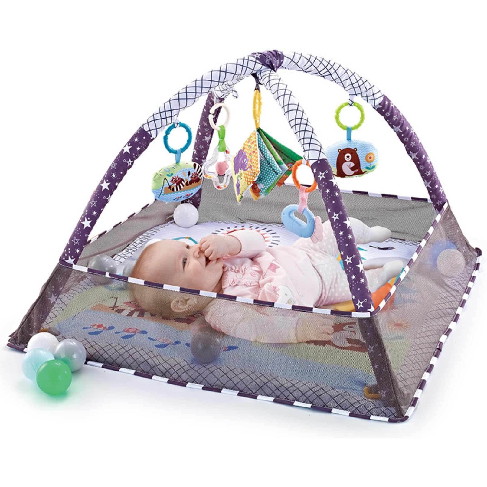 AM ANNA Baby Play Mat & Gym for Infants Baby Boys & Girls, Tummy Time Baby Activity Center & Entertainer with Hanging Toys,Soft Playpen with Balls, Foldable Play Gym Baby Essential Stuff (Grey)