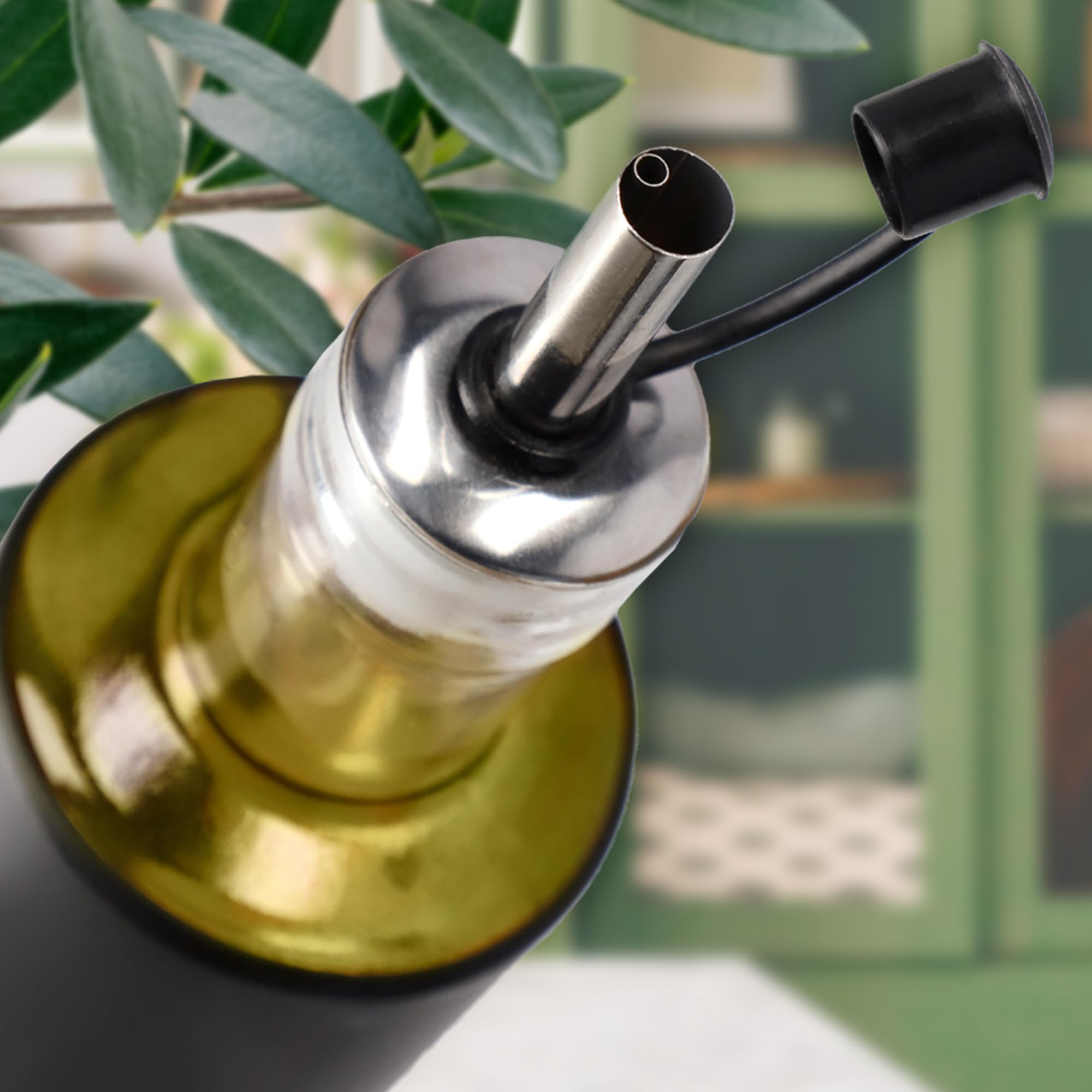Kadax Dispenser voor vloeibare specerijen, glazen fles met stalen elementen, glazen dispenser voor olie, azijn, vinaigrette, oliereservoir, olijfoliedispenser (vinaigrette, zwart