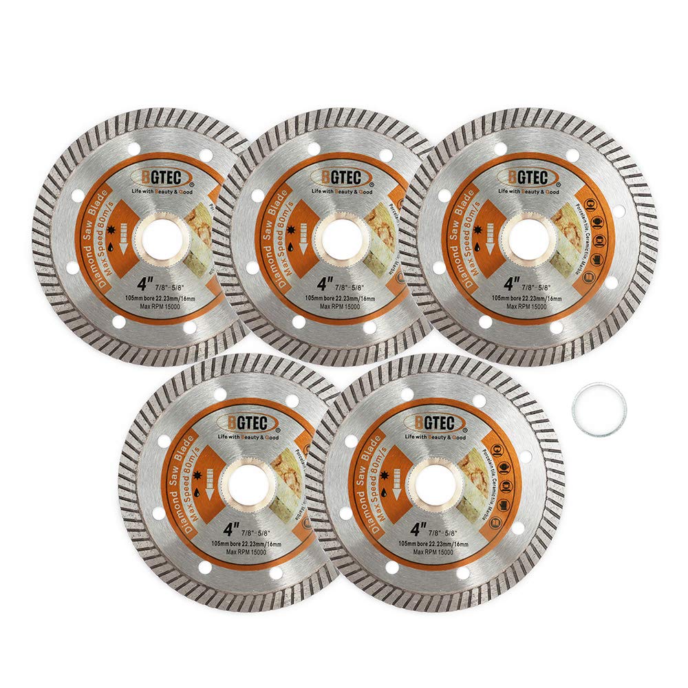 BGTEC Diamond Tile Blade 5PCS 105mm Super Thin Turbo Rim Concrete Porcelain Saw Blade with 22.23mm Arbor for Cutting Porcelain Tile Ceramic Granite Marble Hard Material Cutting Disc