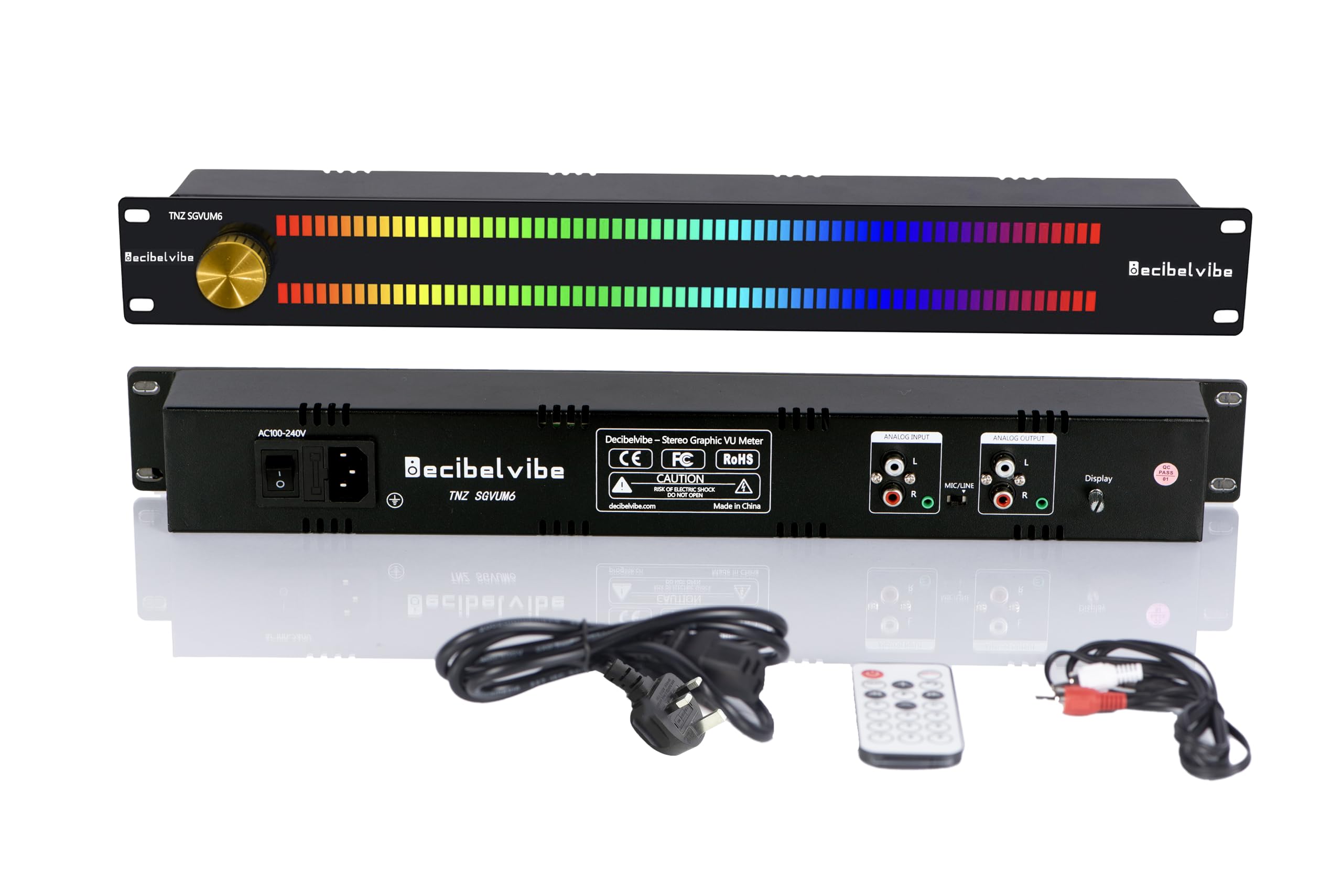 Decibelvibe TNZ SGVUM6 - Audio Graphic VU Meter with Rear RCA/3.5 Auxiliary Input and Output, Wireless Input through a Built-In Microphone, with 19 Colors for Home, Professionals (Gold)