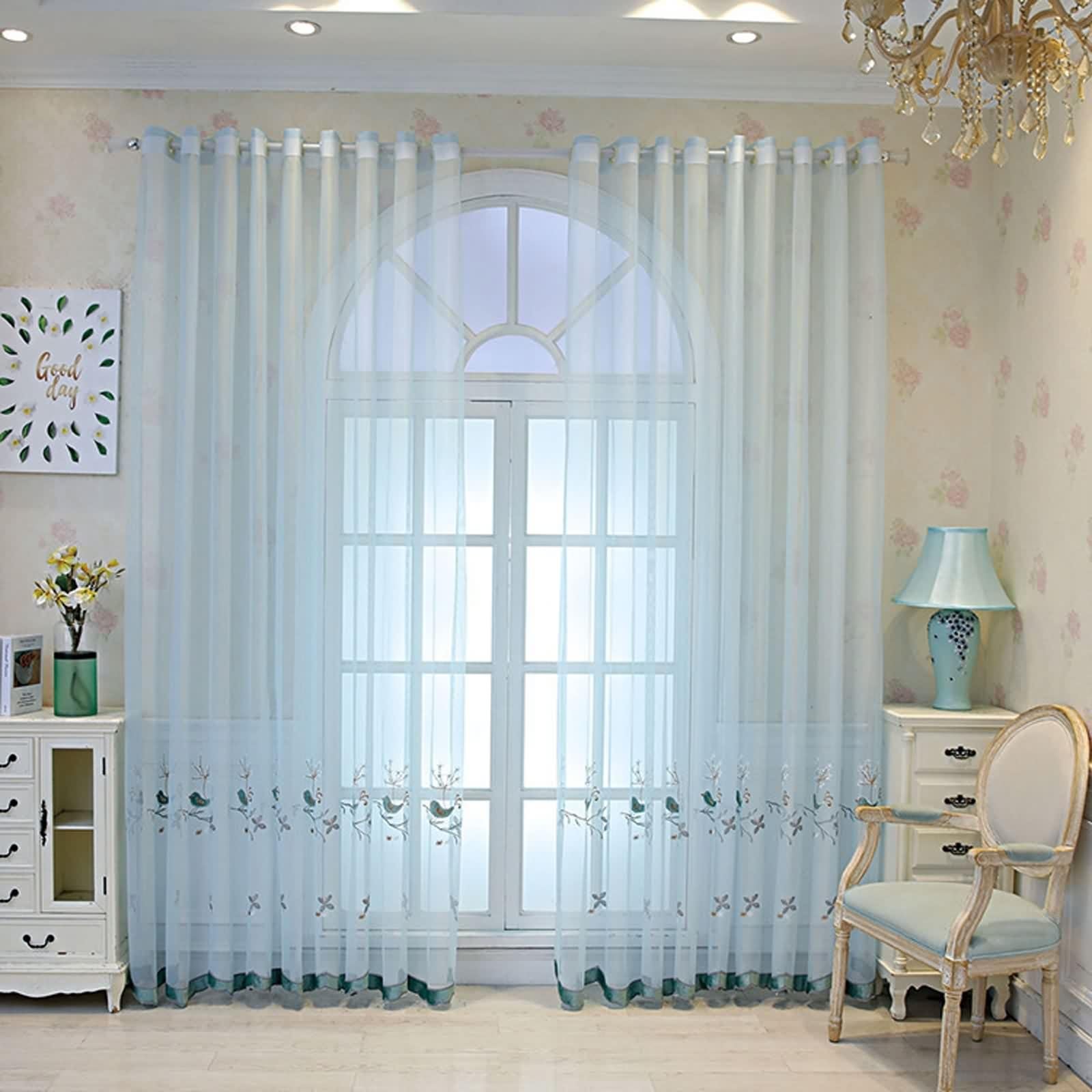 Rideau Chambre Moderne Bleu Clair, Voilage Rideaux Cuisine Lot de 2 Polyester Motif D'Oiseau Brodé de Dentelle LxH 107x244cm