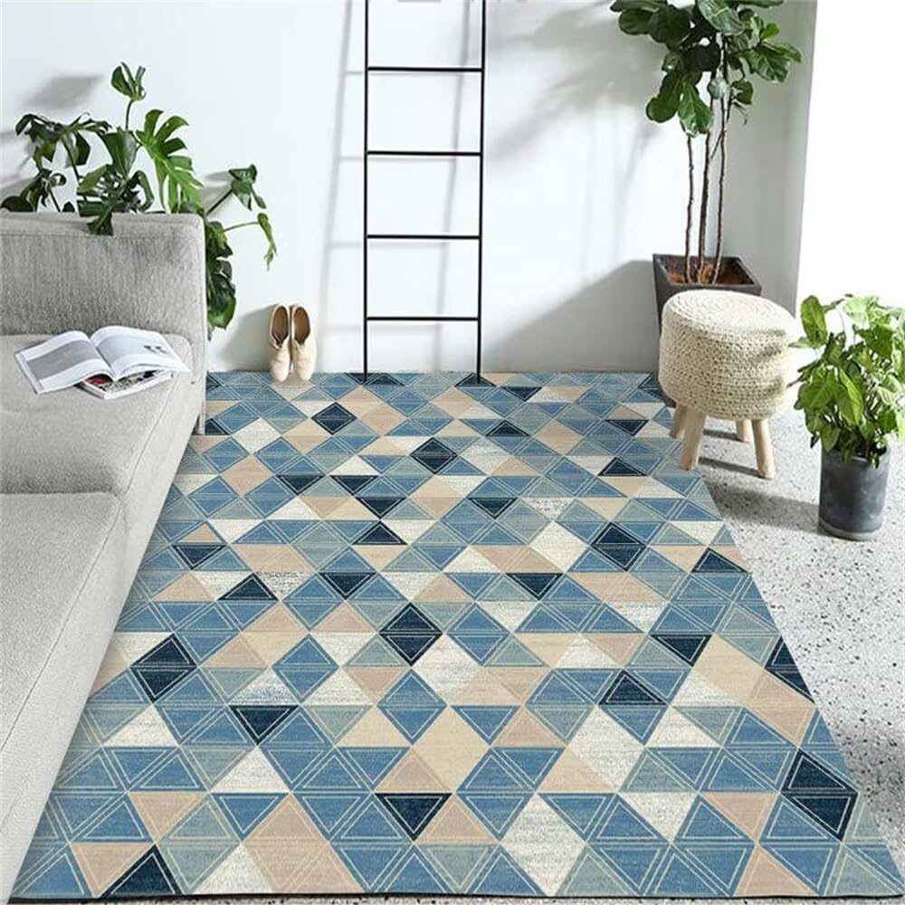 Tapis de salon lavable résistant aux taches bleu géométrique 200x290