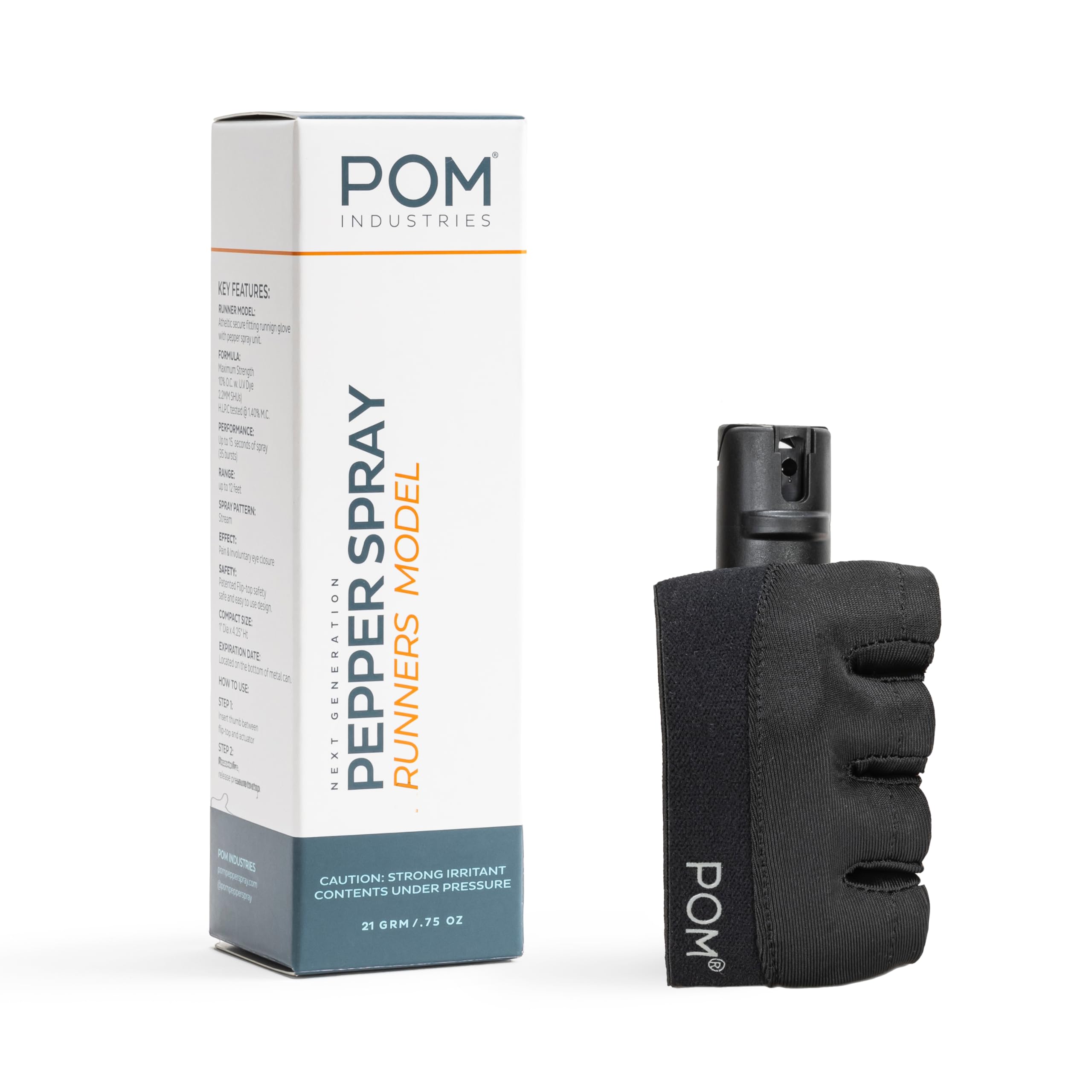 POM Pepper Spray Runner Model - Max Strength OC Spray - Athletic Stretch-Fit Glove, Breathable & Ambidextrous Design, Essential Runners Safety Gear, Flip Top, 35+ Bursts, 10-12 ft Range