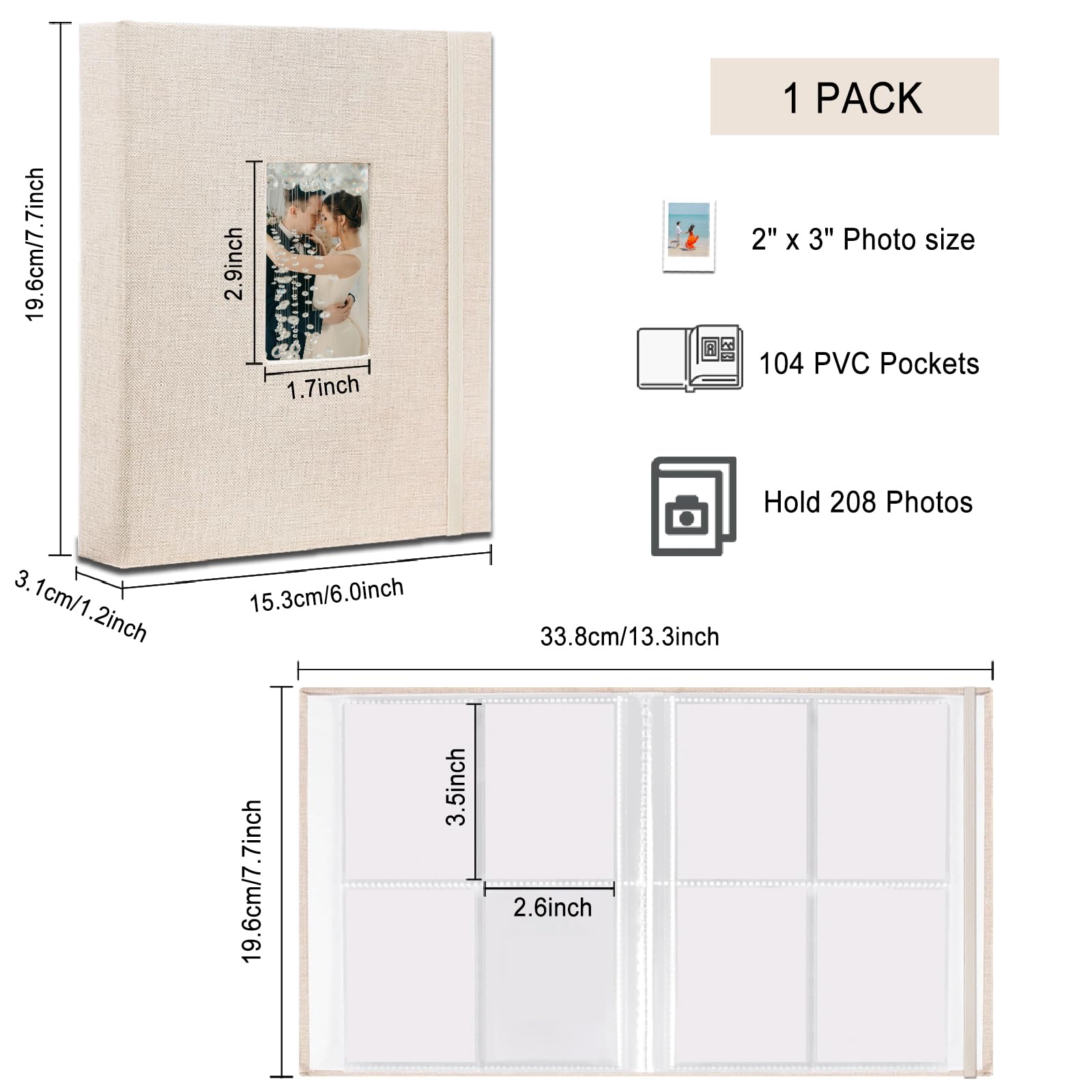 Mini-Fotoalbum, 208 Fotos, 5,1 x 7,6 cm, Bilderbuch für Fujifilm Instax Sofortbildkamera, Leinen, Hardcover, Polaroid-Buch für Fotos, Reisen, Familie, Jubiläen, Baby-Urlaub, Beige, 1 Packung
