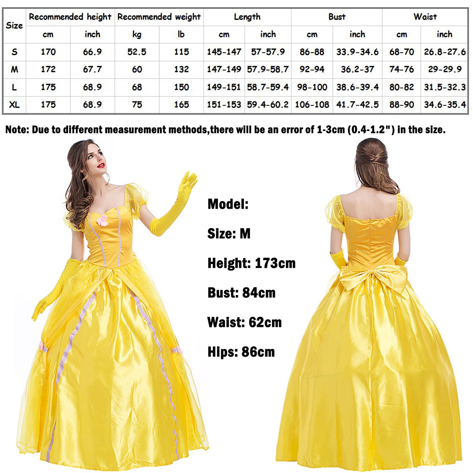 Déguisement Princesse Belle Femme et Gants Adulte Cosplay La Belle et la Bête Longue Tulle Reine Robes de Soirée Fancy Dress Halloween Noël Carnaval Anniversaire Fête Costume Jaune