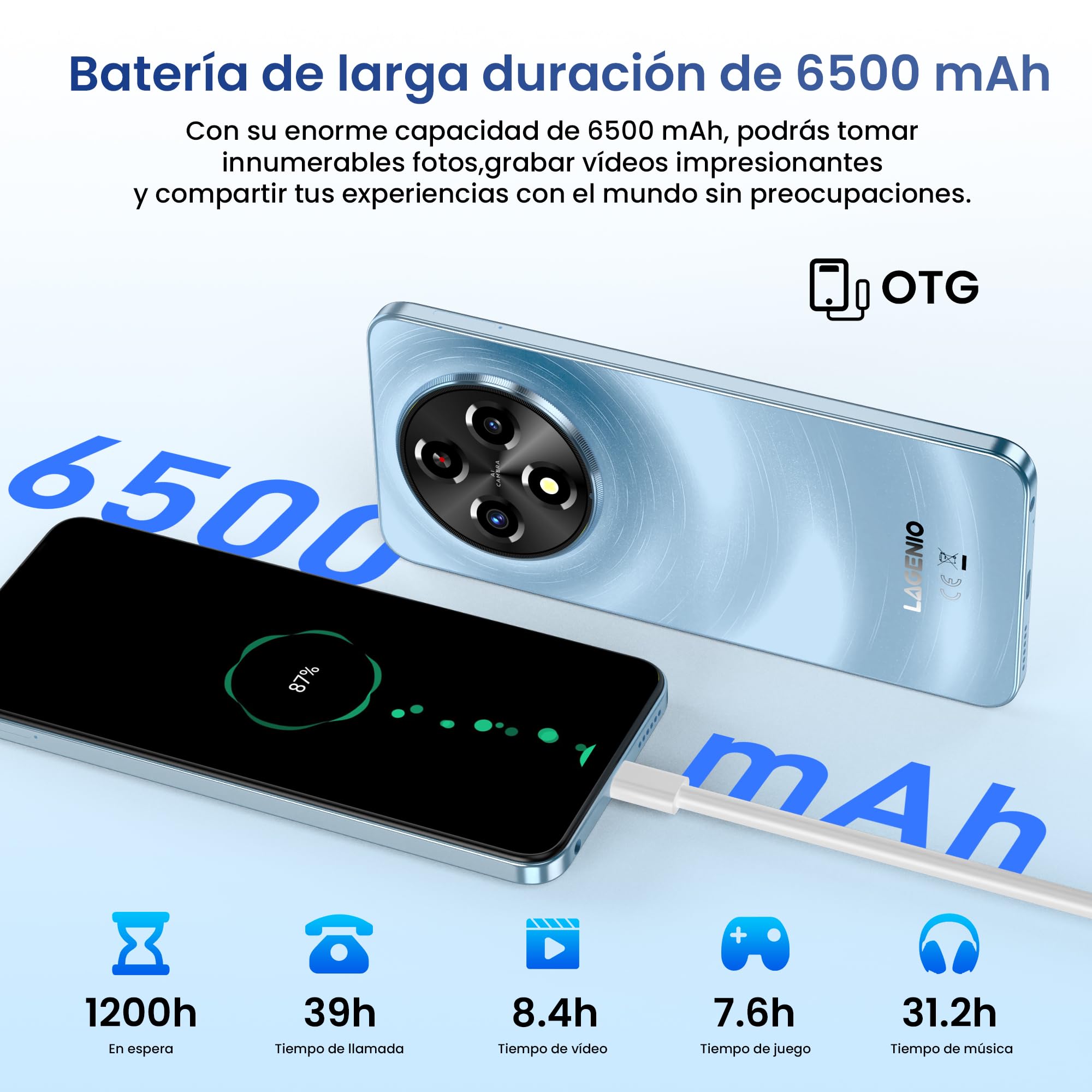 A12 Teléfono Inteligente 4G Android 15, 12GB RAM + 128GB ROM, Batería 6500mAh, Pantalla 6,9 Pulgadas HD+ 120Hz, AI Cámara 13MP, Octa-Core, Dual SIM/OTG/GPS/Fingerprint/Face ID