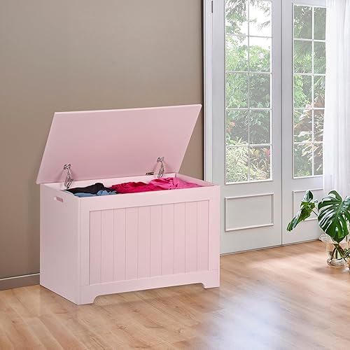 Miniatura 8 de SUPER DEAL Storage Chest, 30 inches Chest Box Organizer with 2 Safety Hinges, Wooden Entryway Storage Bench, Pink Rosa,Marrón,Marrón