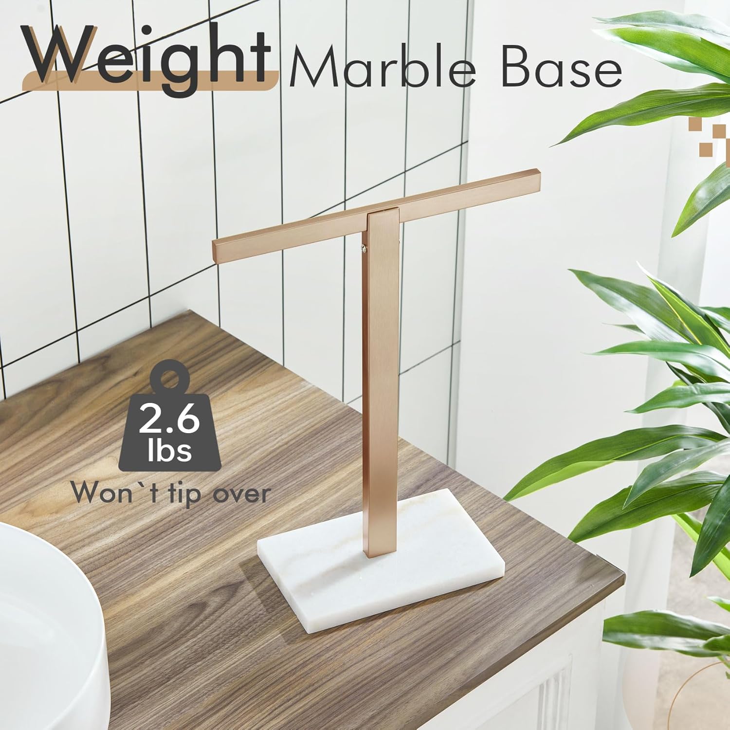 KOKOSIRI Hand Towel Holder Stand Towel Rack with Marble Base for Bathroom Kitchen Vanity Countertop, Champagne Bronze Stainless Steel 15.7'' Height THS0002-SM-CPG