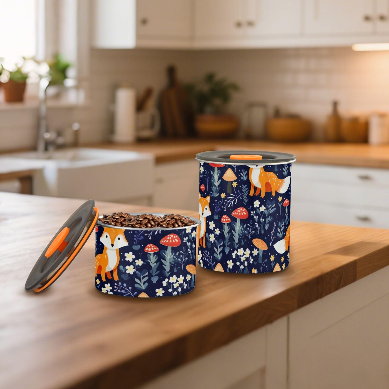 UMIRIKO Stainless Steel Coffee Canister Cute Fox Animal Flower