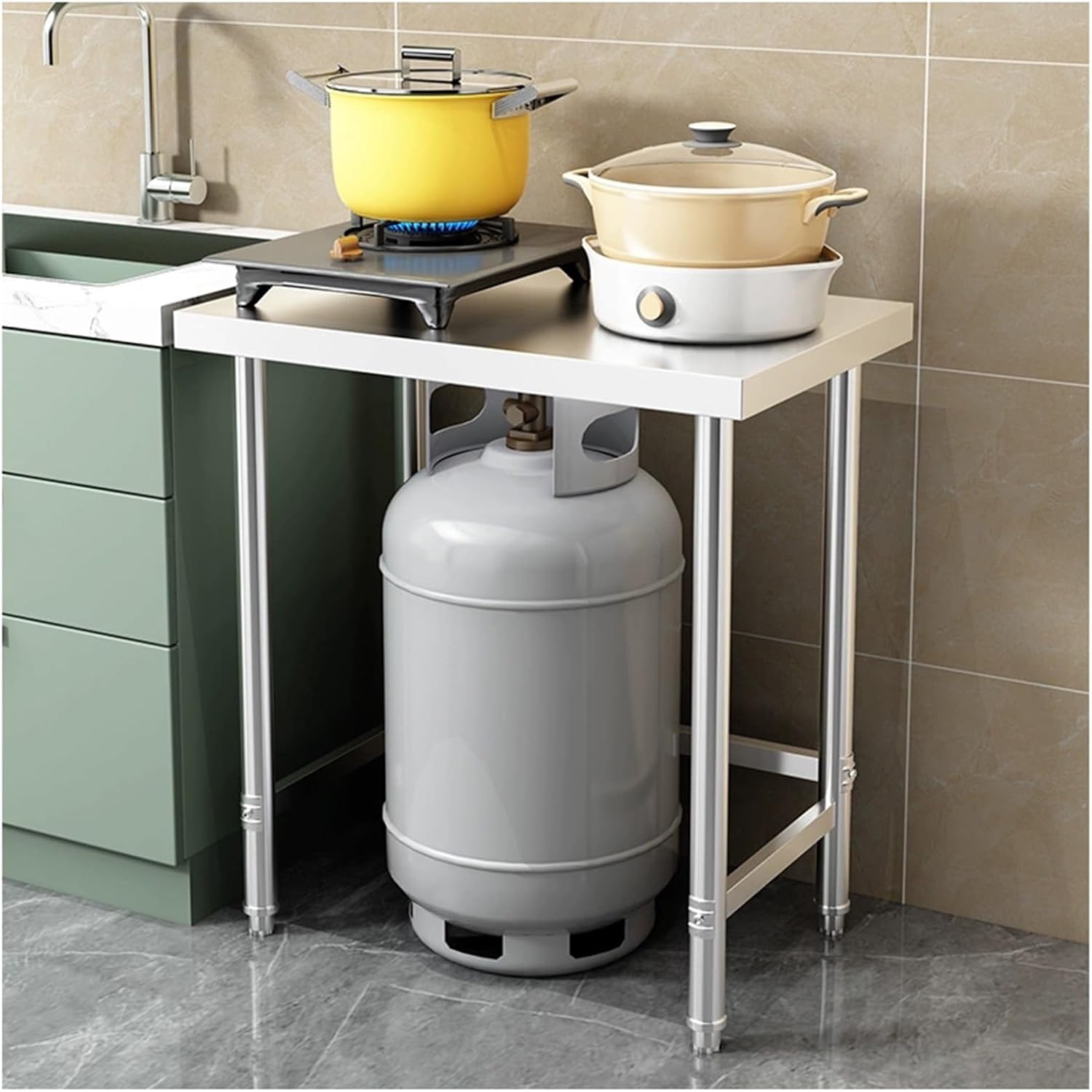 Single-tier Stainless Steel Workbench Kitchen Tabletops Open Shelves Commercial Prep Tables Multifunctional Metal Tables Solid Construction with Adjustable Feet