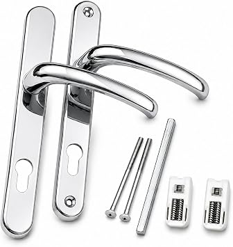 FIXINGS DIRECT] Upgraded Heavy Duty Sprung UPVC Door Handle Pair with Enhanced Security, 215mm Screw Centres Door Handles, 92mm Sprung (Chrome, White, Grey, Or Black) 241mm X 30mm (Polished Chrome)