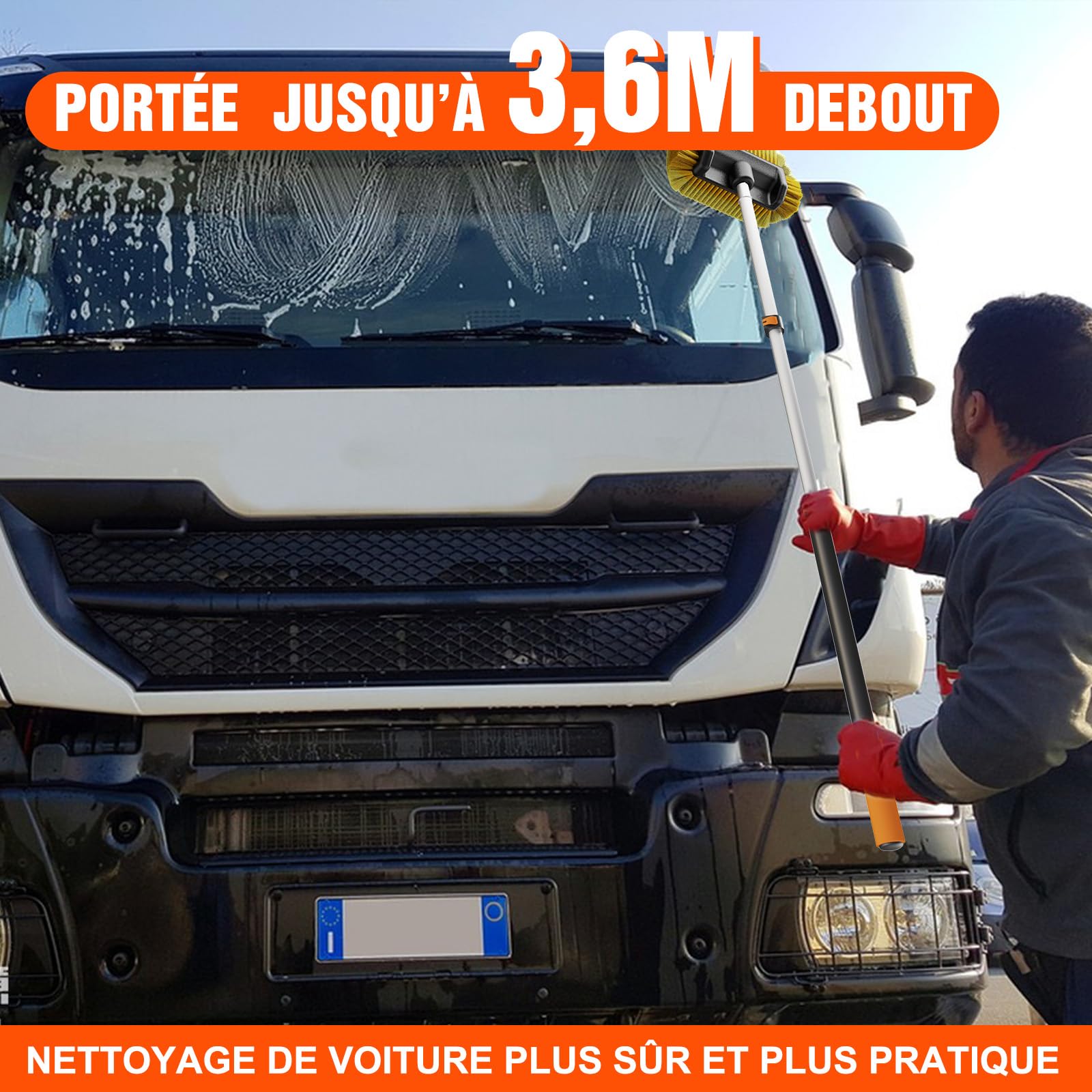 LAANPOLE 3,6m Brosse Nettoyage Voiture avec Perche Telescopique, Brosse Lavage Voiture, Balai Nettoyage Anneau Solaire pour Camping-Car, Camion, Bateau, Revêtement de Maison