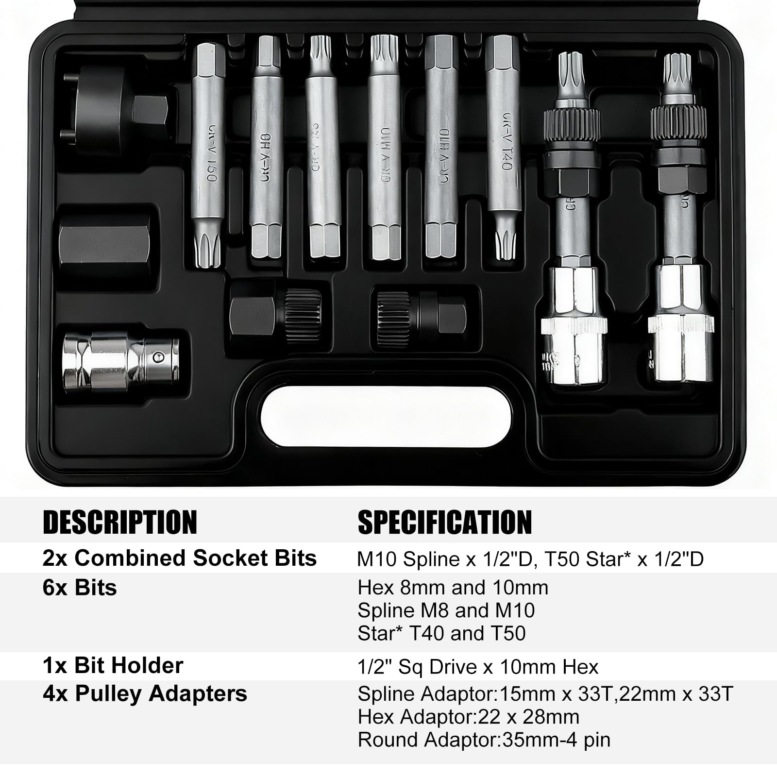 FreeTec 13 pezzi Chiave Puleggia Alternatore, 1/2" Set Estrattori Puleggia Alternatore, Chiave a Bussola per Ruota Libera Alternatore con 33 Denti, Attrezzi Alternatore per VW Audi VAG Fiat (Nero)
