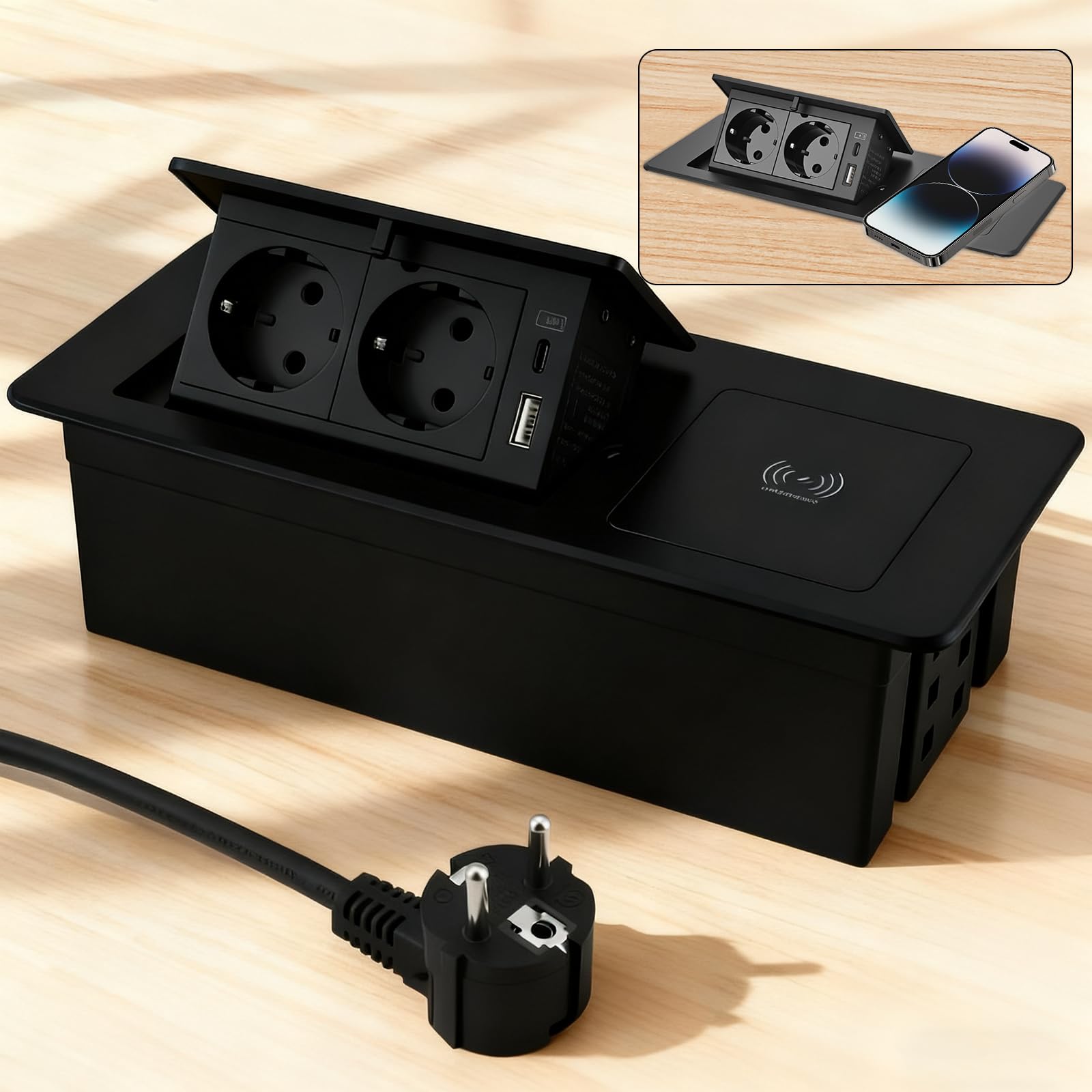 Prise Encastrable avec Chargeur USB-C PD20W et Charge sans Fil 15W, Prise de Bureau 2 Prises pour Plan de Travail Cuisine et Bureau