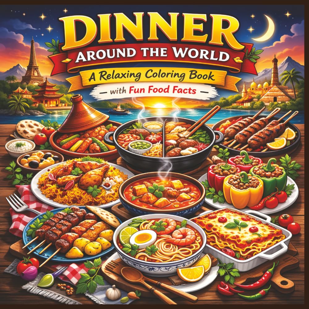 Dinner Around the World: A relaxing coloring book with fun food facts|Bold Designs|Easy to color|Stress Relief and Relaxation
