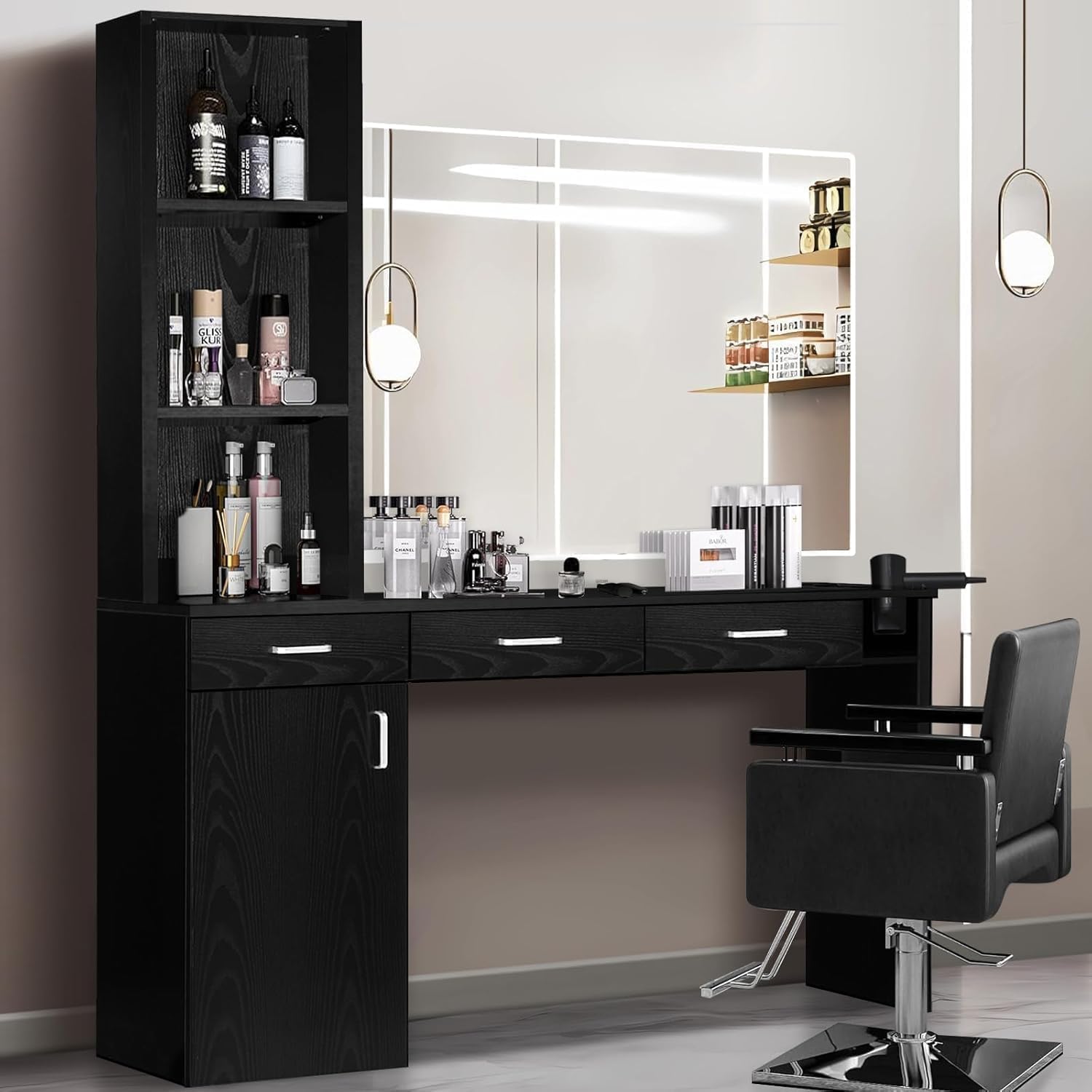 4ever2buy Salon Station for Hair Stylist, Salon Wall Station with Barber Cabinet, Hair Stations Equipment Hair Dryer Holder, Drawers, Wall Mount Barber Beauty Station, Mirror not Included, Black