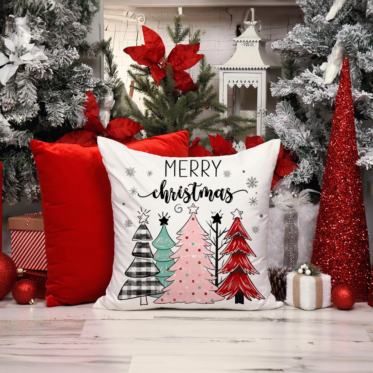Set Di 4 Federe Per Cuscini Natalizie Con Pupazzo Di Neve E Babbo Natale – Rosa, 100% Poliestere Con Cerniera - 5