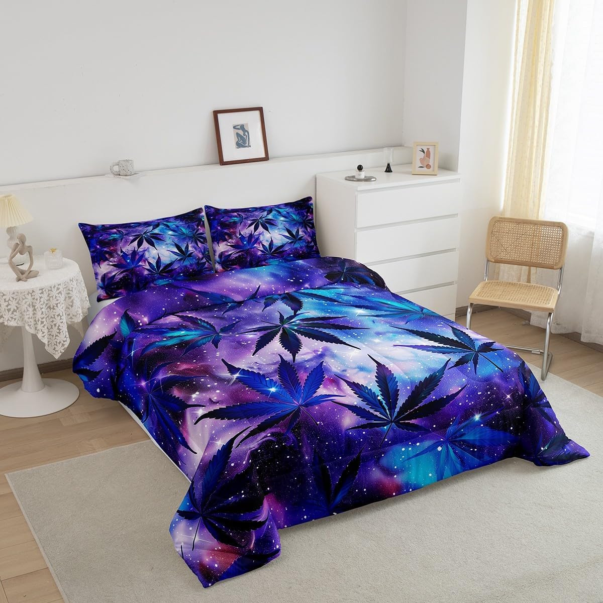 Manfei Weed Comforter Set Starry Galaxy Nebula Bedding Set Tropical Leaves Plant Bedding Home Decor Blue Purple Comforter Queen Size 3 Pieces Quilted Duvet Set with 2 Pillowcase