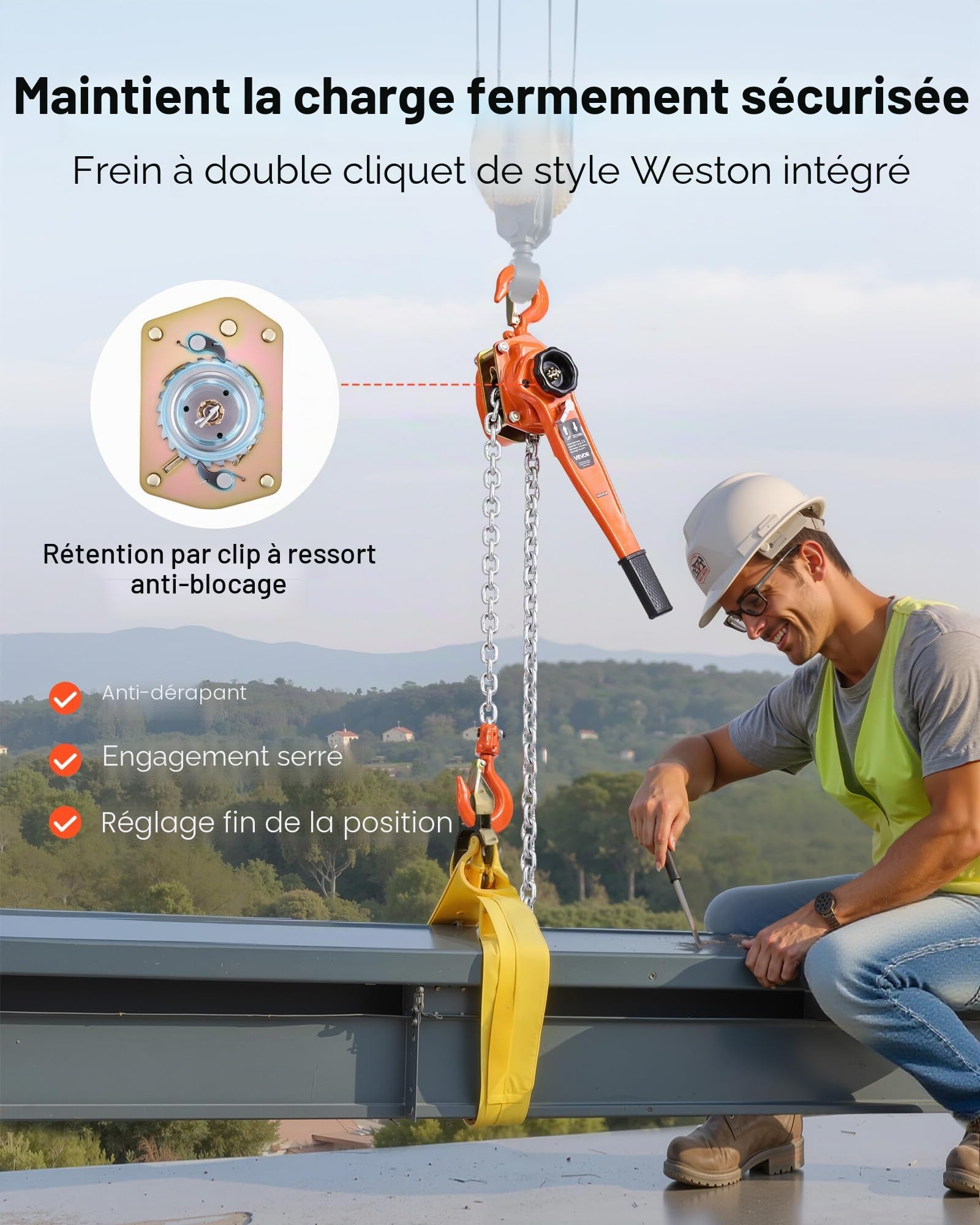 VEVOR Palan à Chaîne à Levier Manuel, Charge 1,5 t, avec Chaîne en Acier Allié G80 6 m, Frein Mécanique à Double Cliquet, Crochets Rotatifs 360°, pour Entrepôts, Chantiers de Construction, Garages